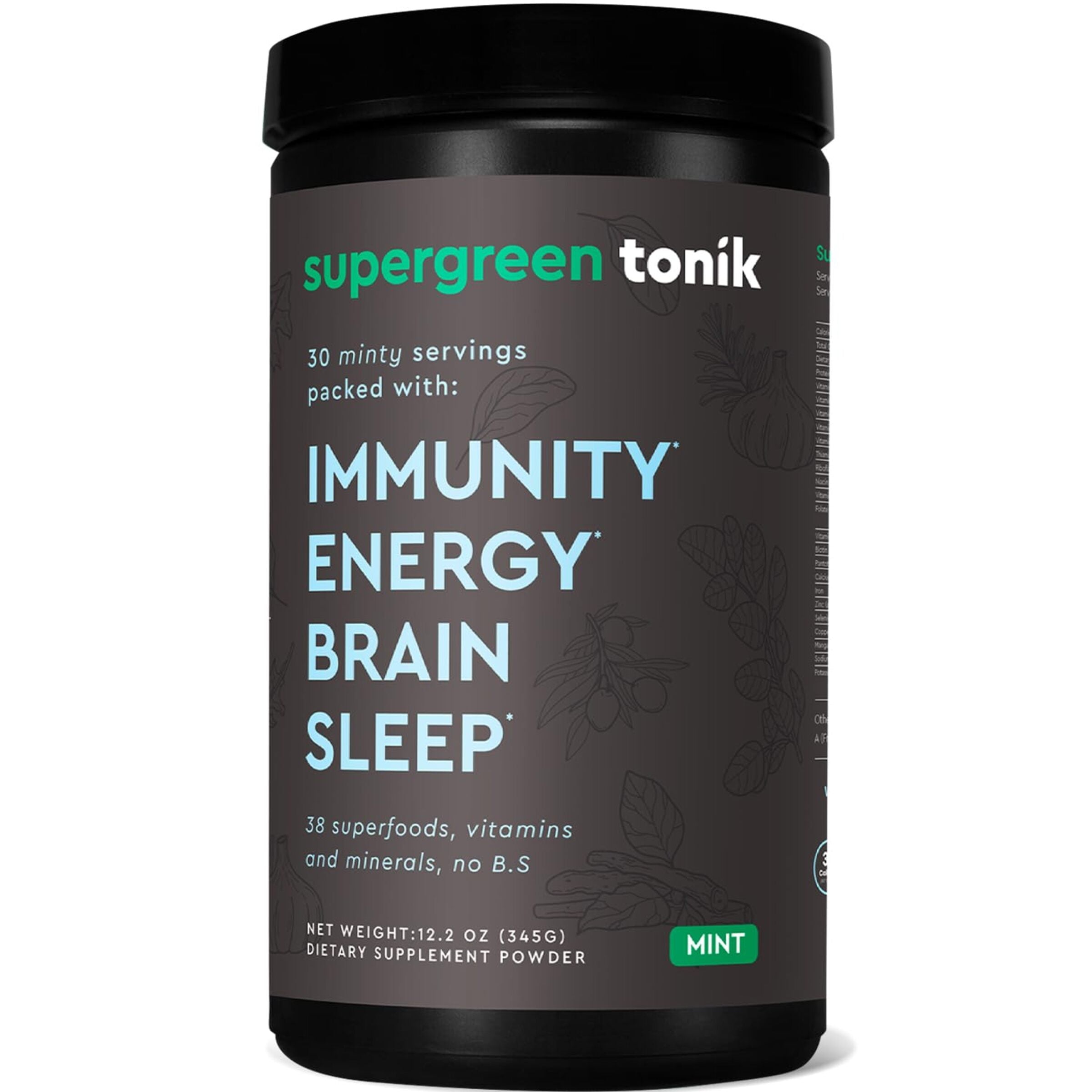 SUPERGREEN TONIK - 100% NATURAL GREENS SUPERFOOD POWDER – 30 DAY SUPPLY – 345 GRAMS (1 TUB) - MINT