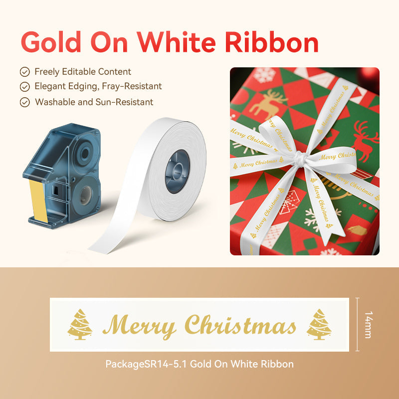NB717 - NIIMBOT - N1 - SATIN RIBBON SET PACKAGE - SR14MM-5.1M - GOLD ON WHITE