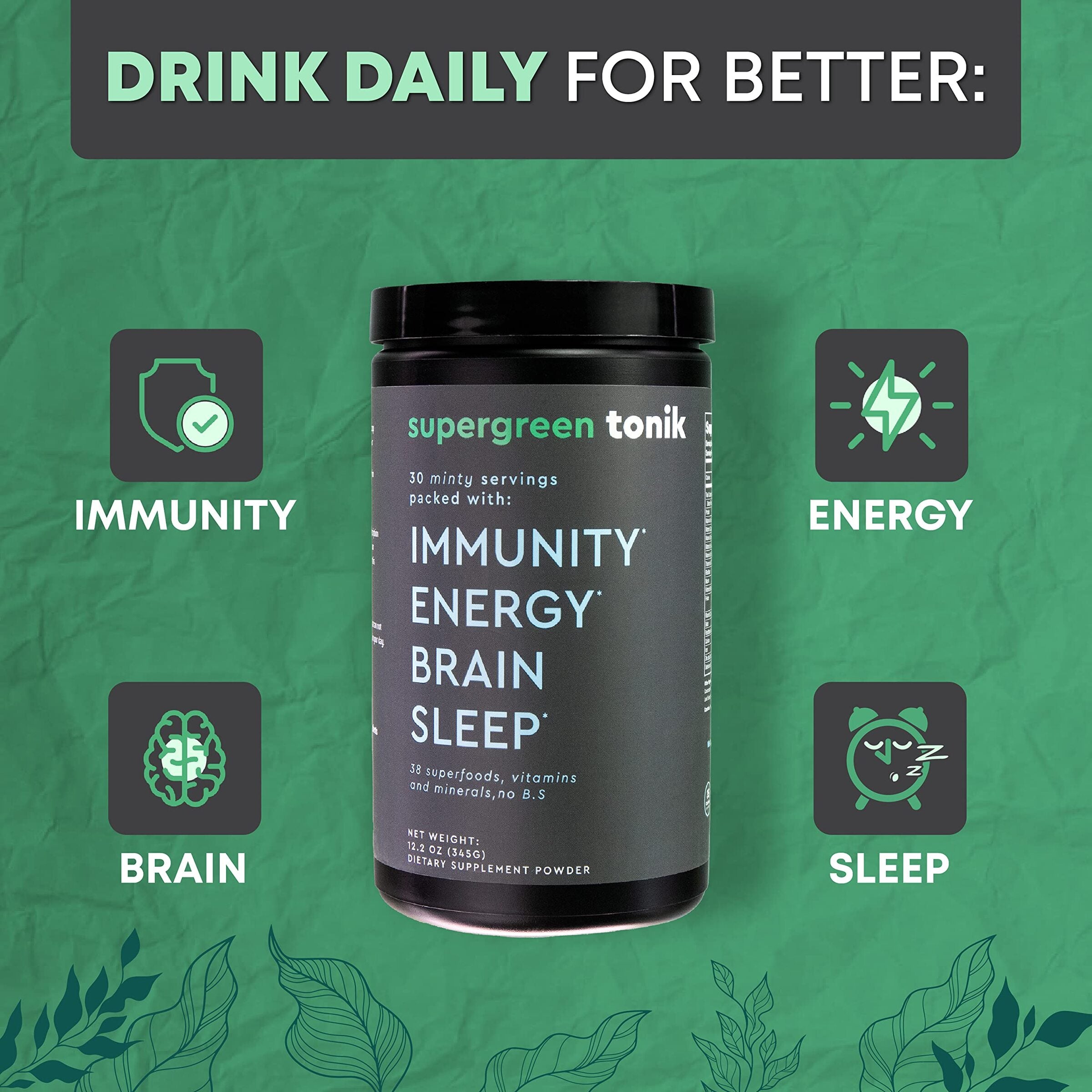 SUPERGREEN TONIK - 100% NATURAL GREENS SUPERFOOD POWDER – 30 DAY SUPPLY – 345 GRAMS (1 TUB) - MINT