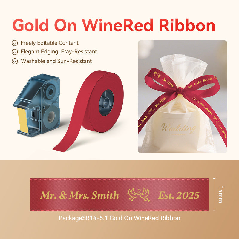 NB718 - Niimbot - N1 - Satin Ribbon Set Package - 14mm x 5.1M - Gold On Wine Red