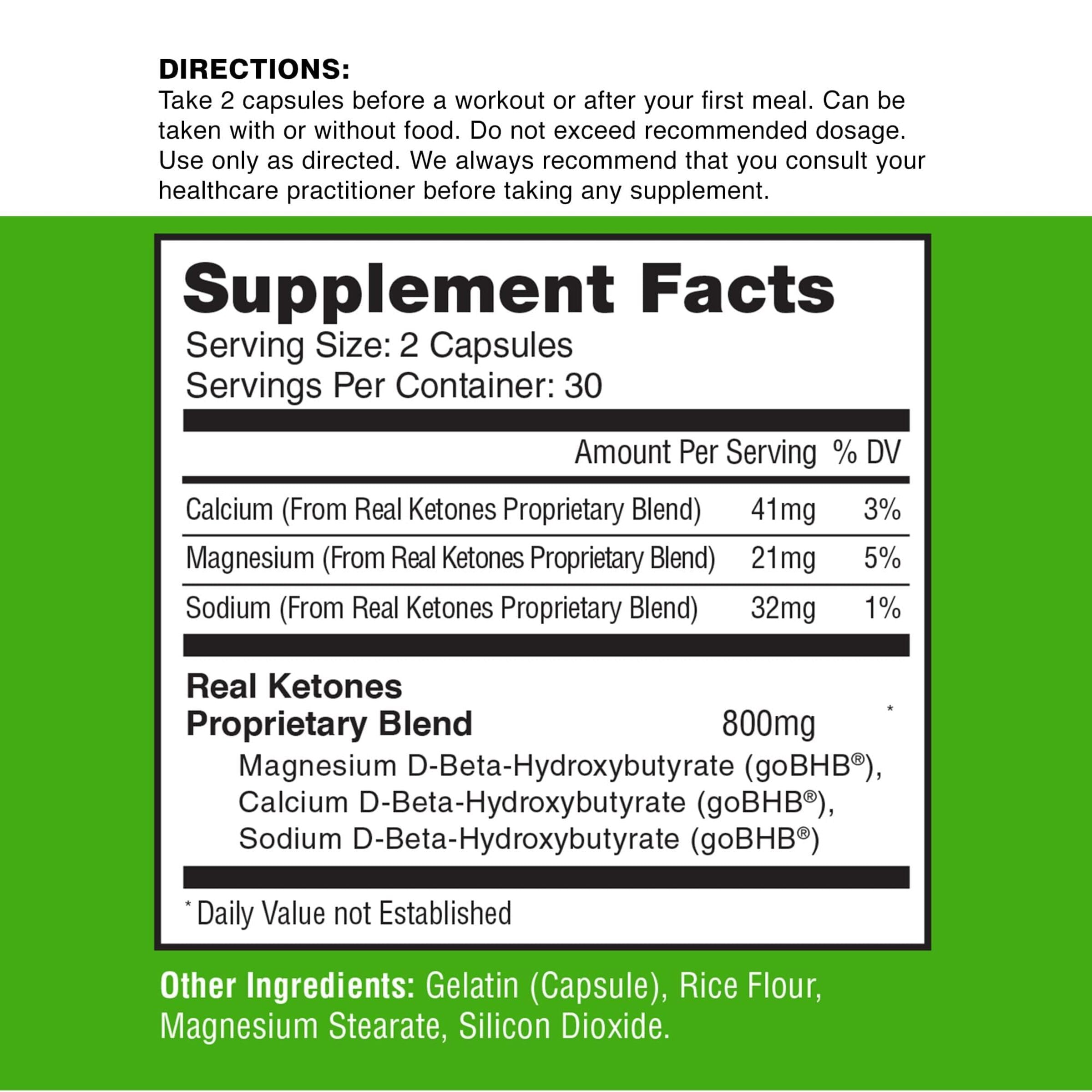 REAL KETONES - KETONE BIO IDENTICAL - D-BHB - 60 CAPSULES - 30 SERVINGS