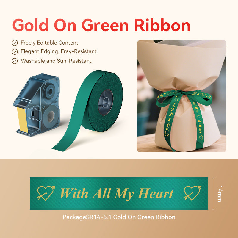 NB719 - Niimbot - N1 - Satin Ribbon Set Package - 14mm x 5.1M - Gold On Green