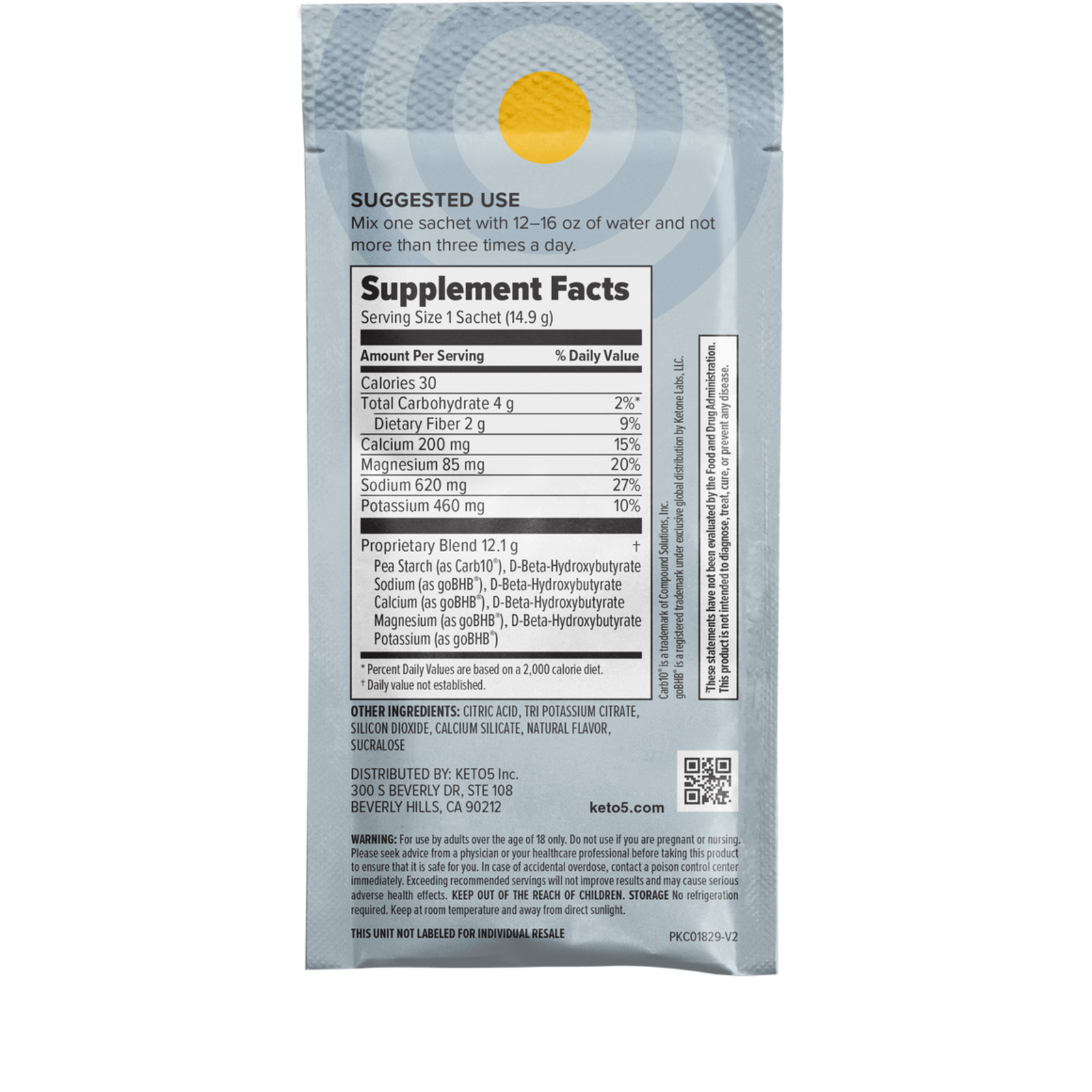 KETO 5 - XO GENIUS - D-KETONE SALT BHB - 30 SACHETS - 14.9 GRAMS PER SERVING