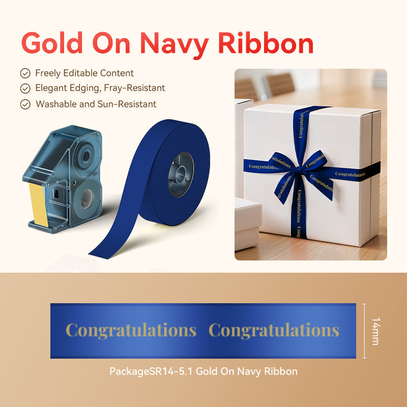 NB716 - Niimbot - N1 - Satin Ribbon Set Package - 14mm x 5.1M - Gold On Navy