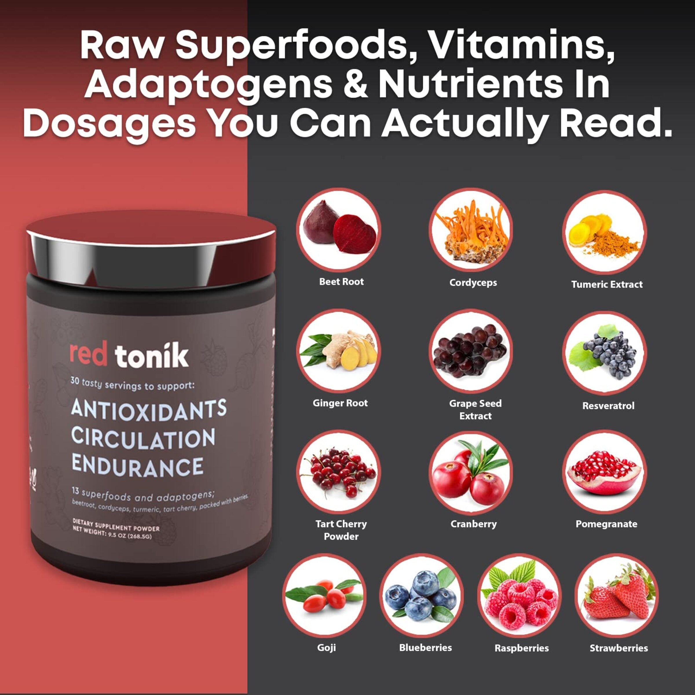 RED TONIK - 13 SUPERFOODS & ADAPTOGENS POWDER - 30 DAY SUPPLY - BERRY