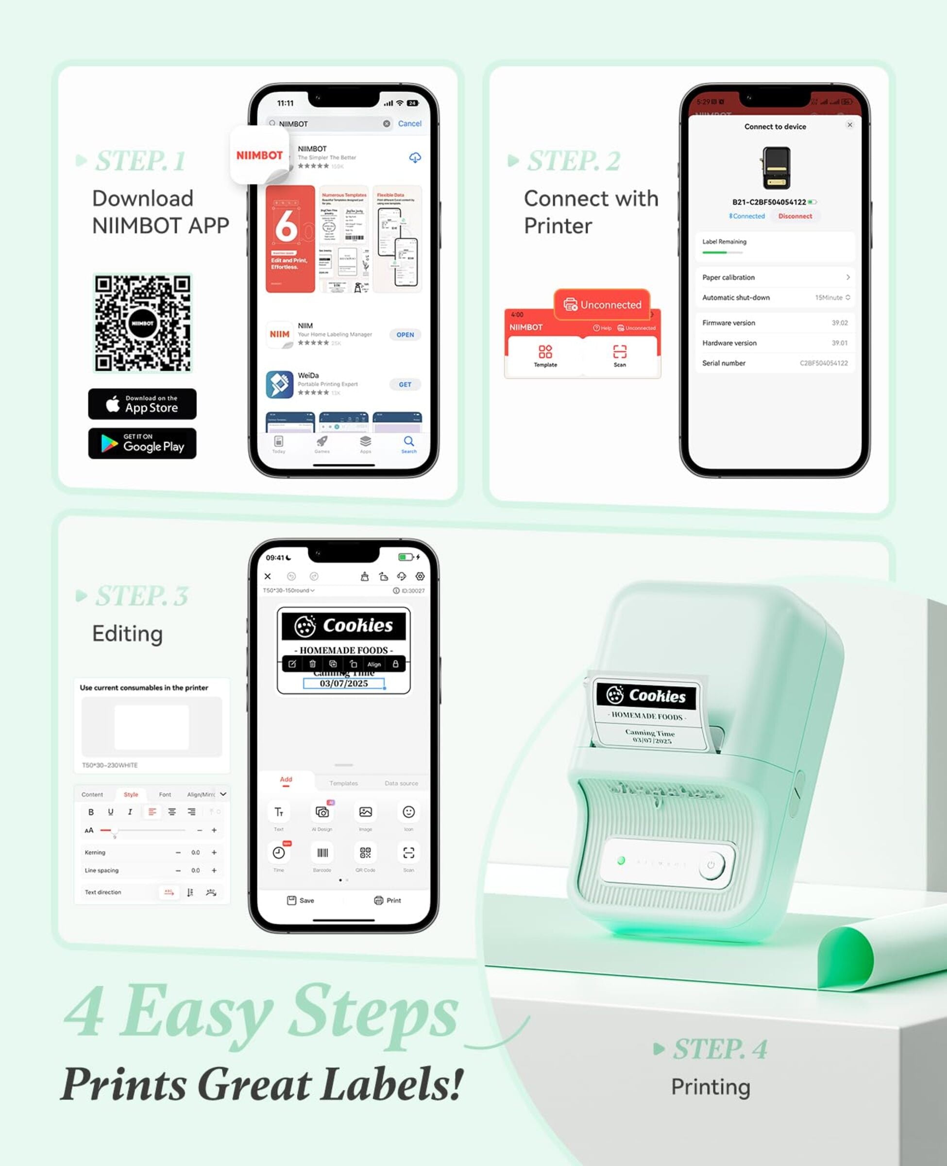 NB109 - NIIMBOT - B21 - PORTABLE THERMAL LABEL BLUETOOTH PRINTER INCLUDING FREE LABEL (50*30MM - WHITE)