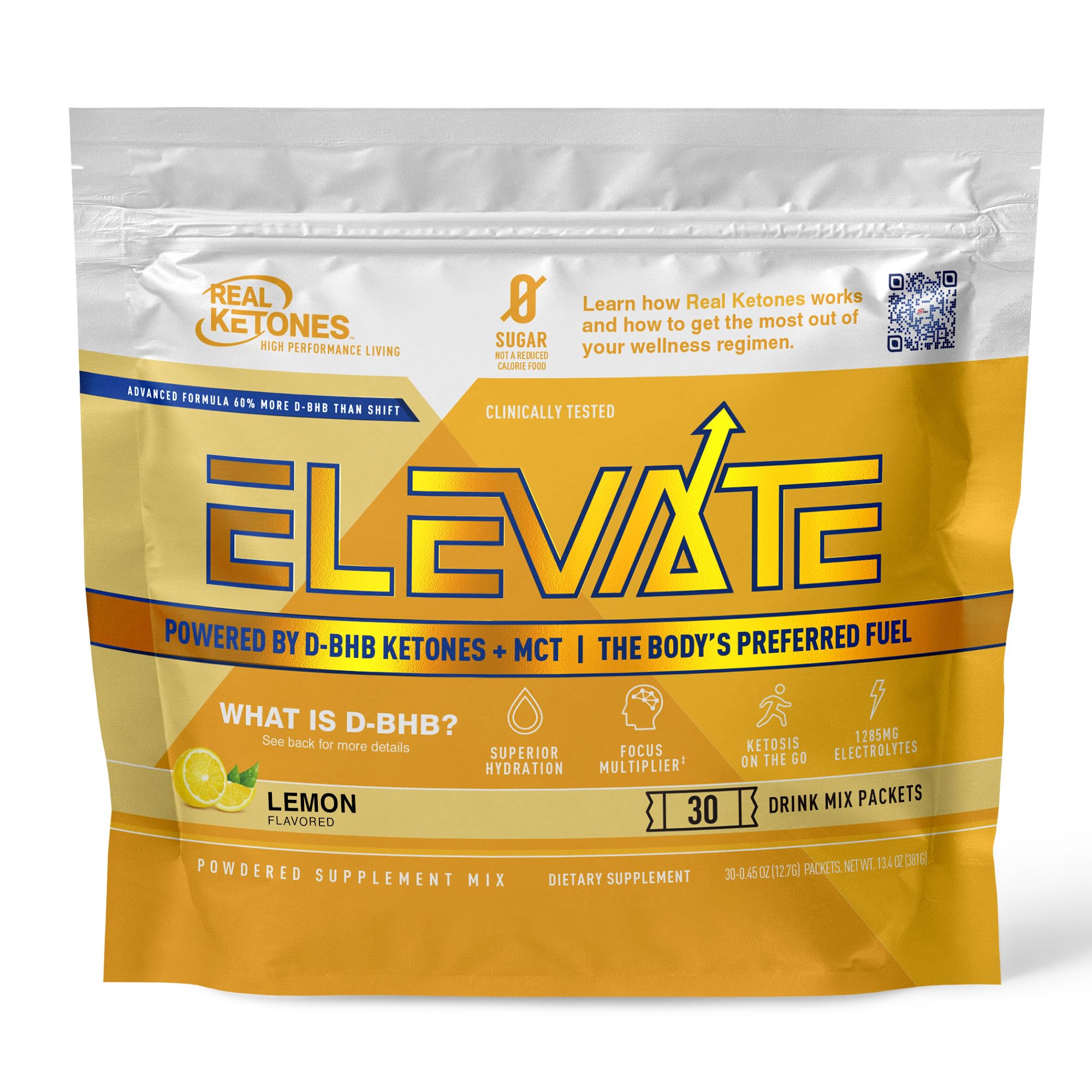 REAL KETONES - ELEVATE - D-BHB & MCT & ELECTROLYTES - 30 STICK PACK GUSSET BAG