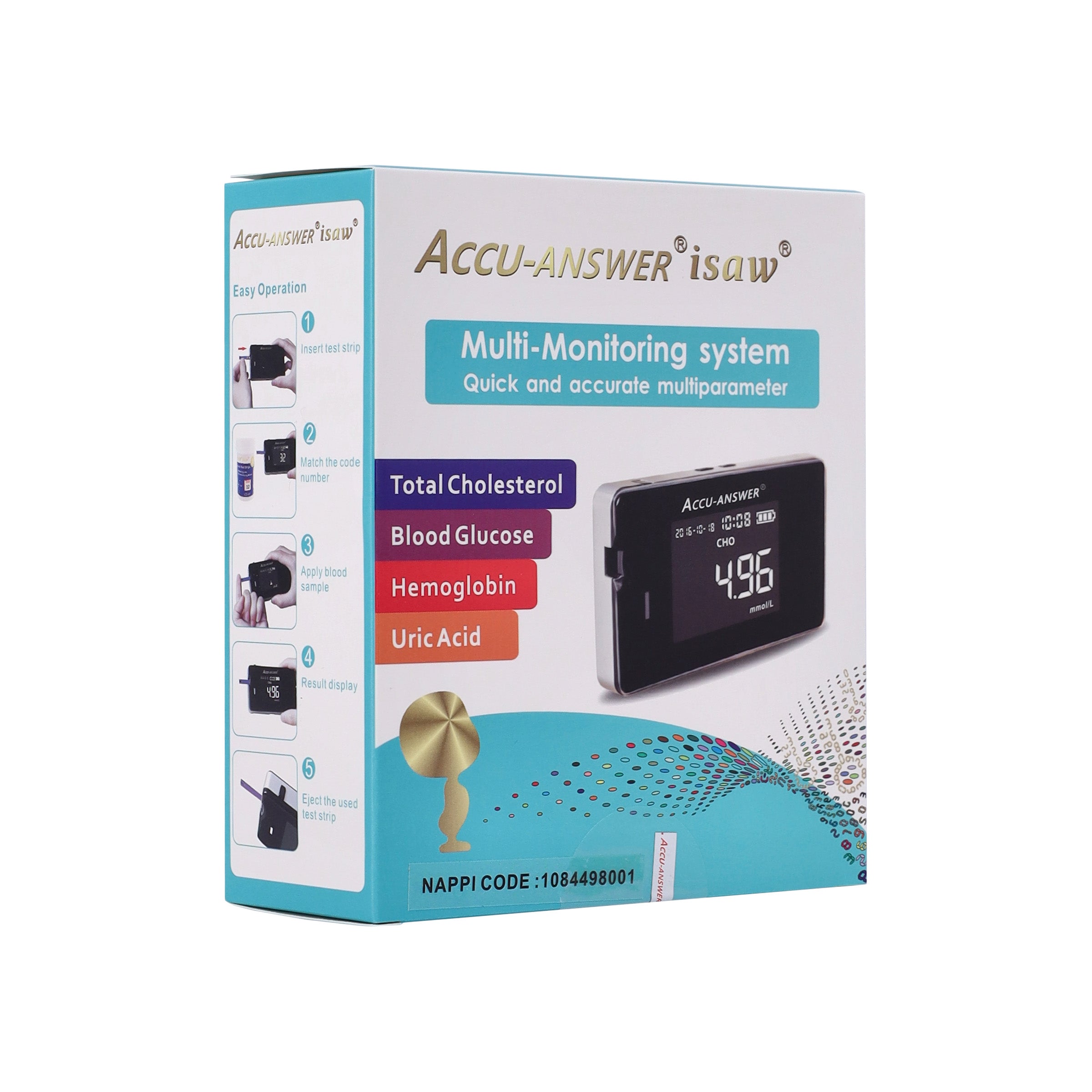 ACCU-ANSWER® ISAW® - 4 IN 1 - BLOOD TEST METER KIT INCL STRIPS - TOTAL CHOLESTEROL, GLUCOSE, HEMOGLOBIN & URIC ACID