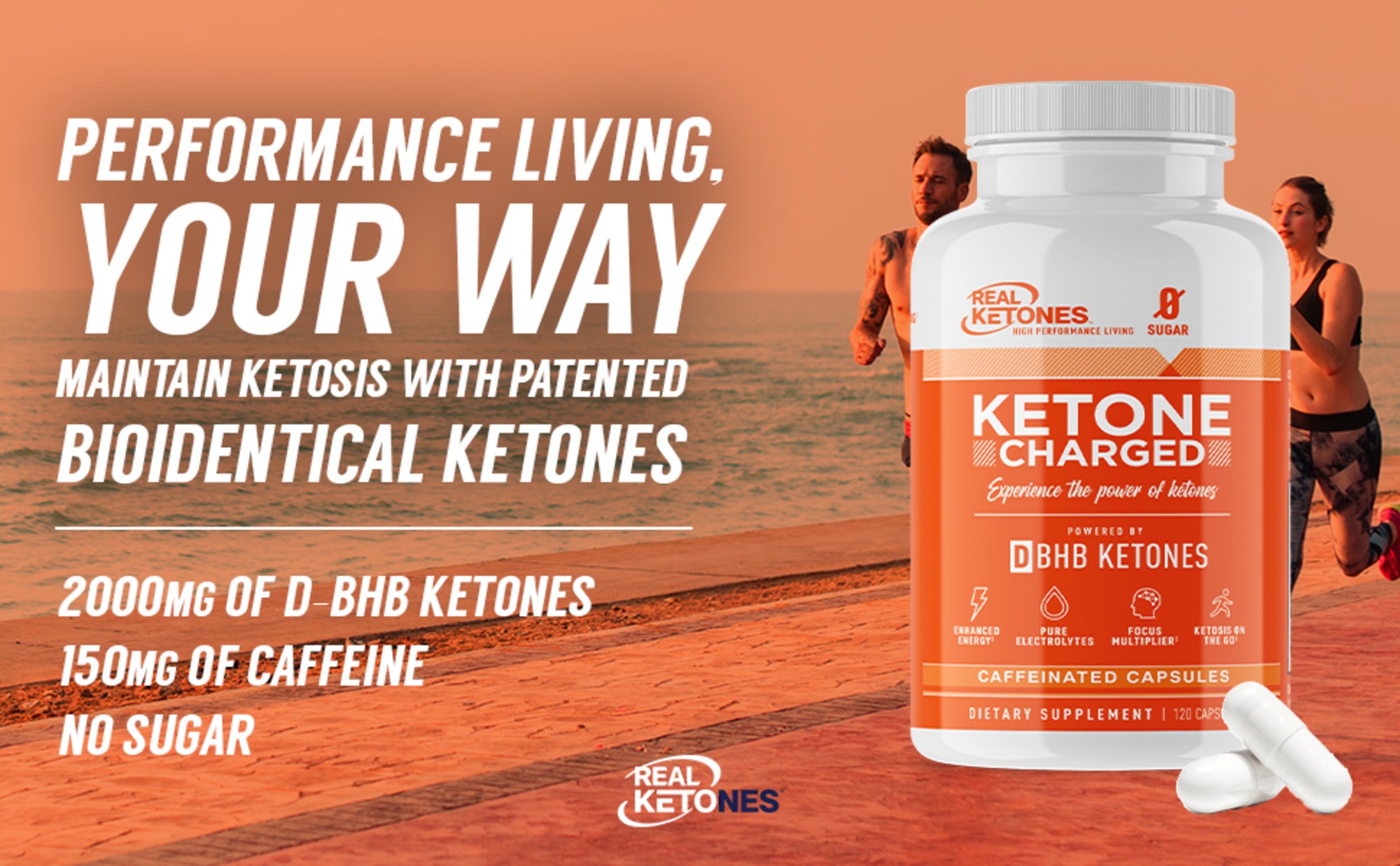 REAL KETONES - KETONE CHARGED - D-BHB + CAFFEINE - 120 CAPSULES - 1 MONTH SUPPLY