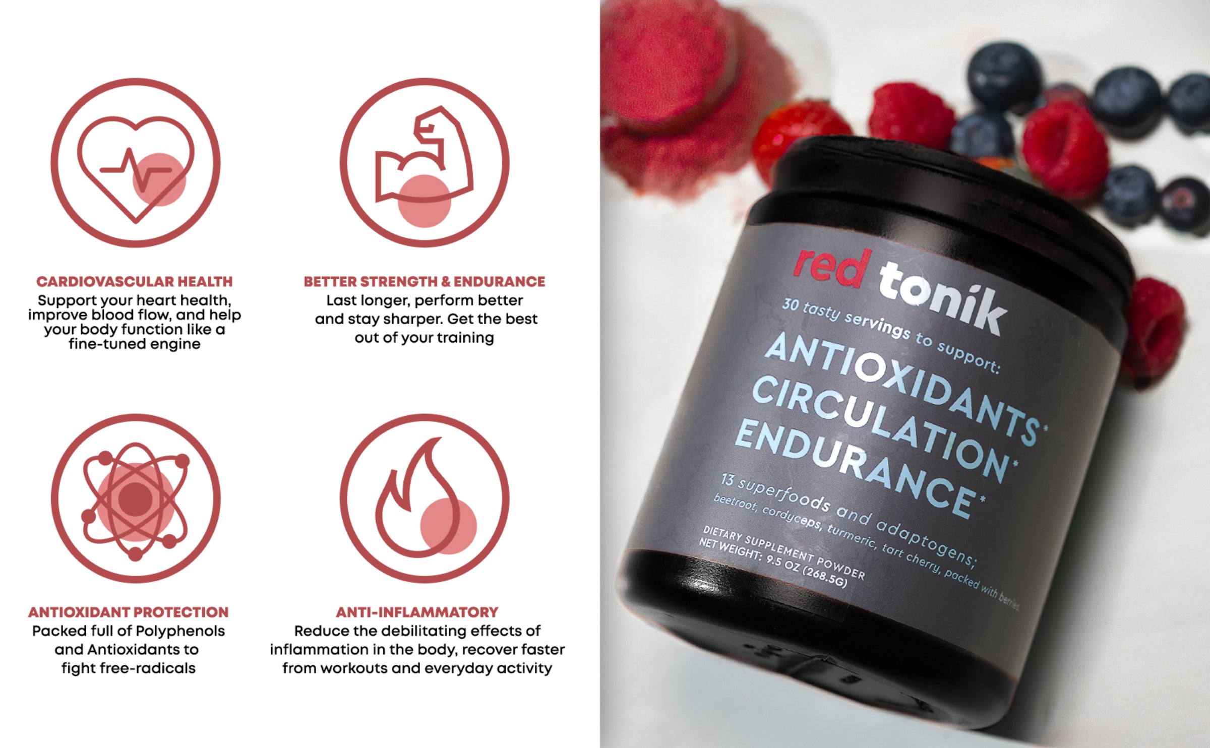RED TONIK - 13 SUPERFOODS & ADAPTOGENS POWDER - 30 DAY SUPPLY - BERRY