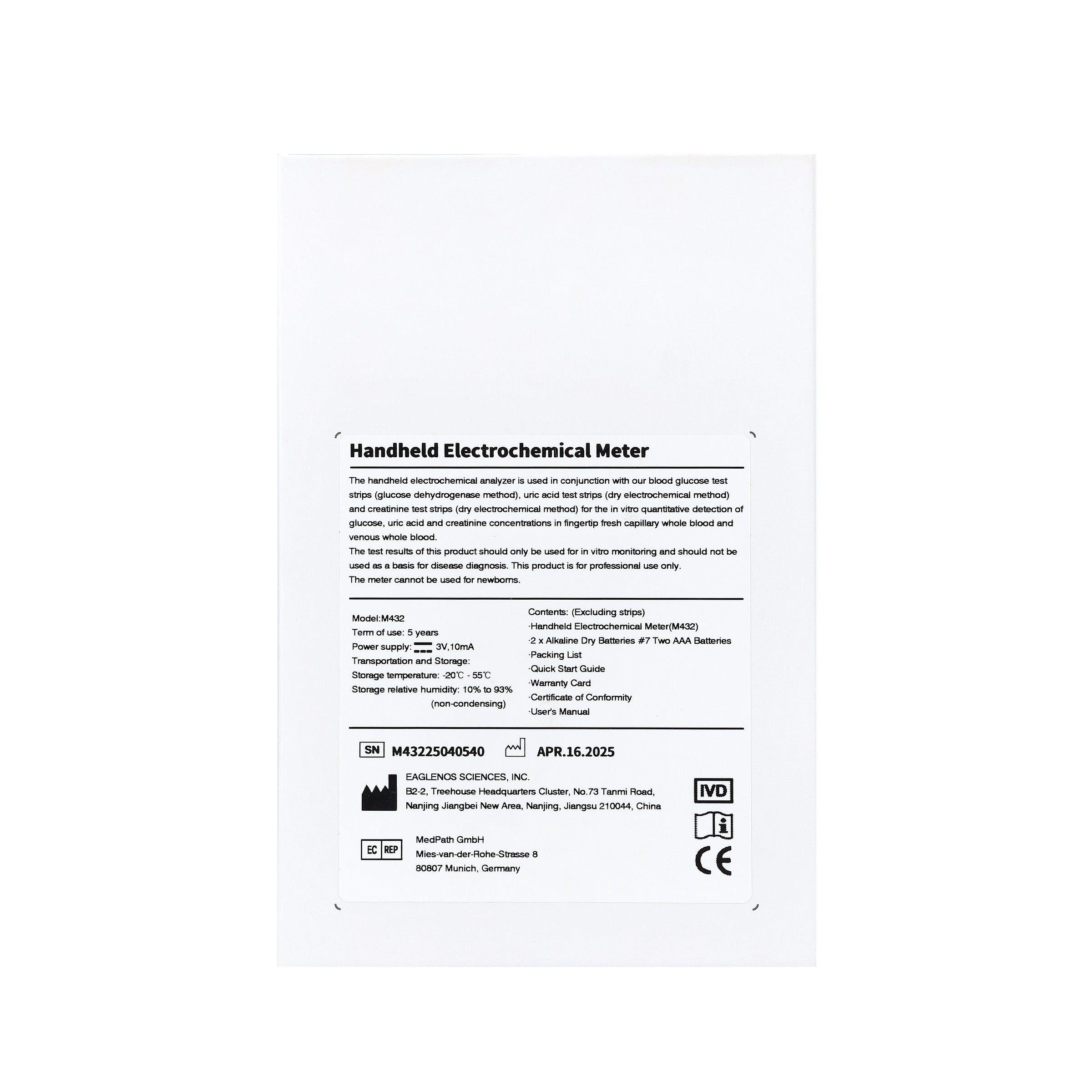 EAGLENOS - CREATININE, URIC ACID & GLUCOSE BLOOD TEST METER ONLY (M432) - NO STRIPS OR ACCESSORIES