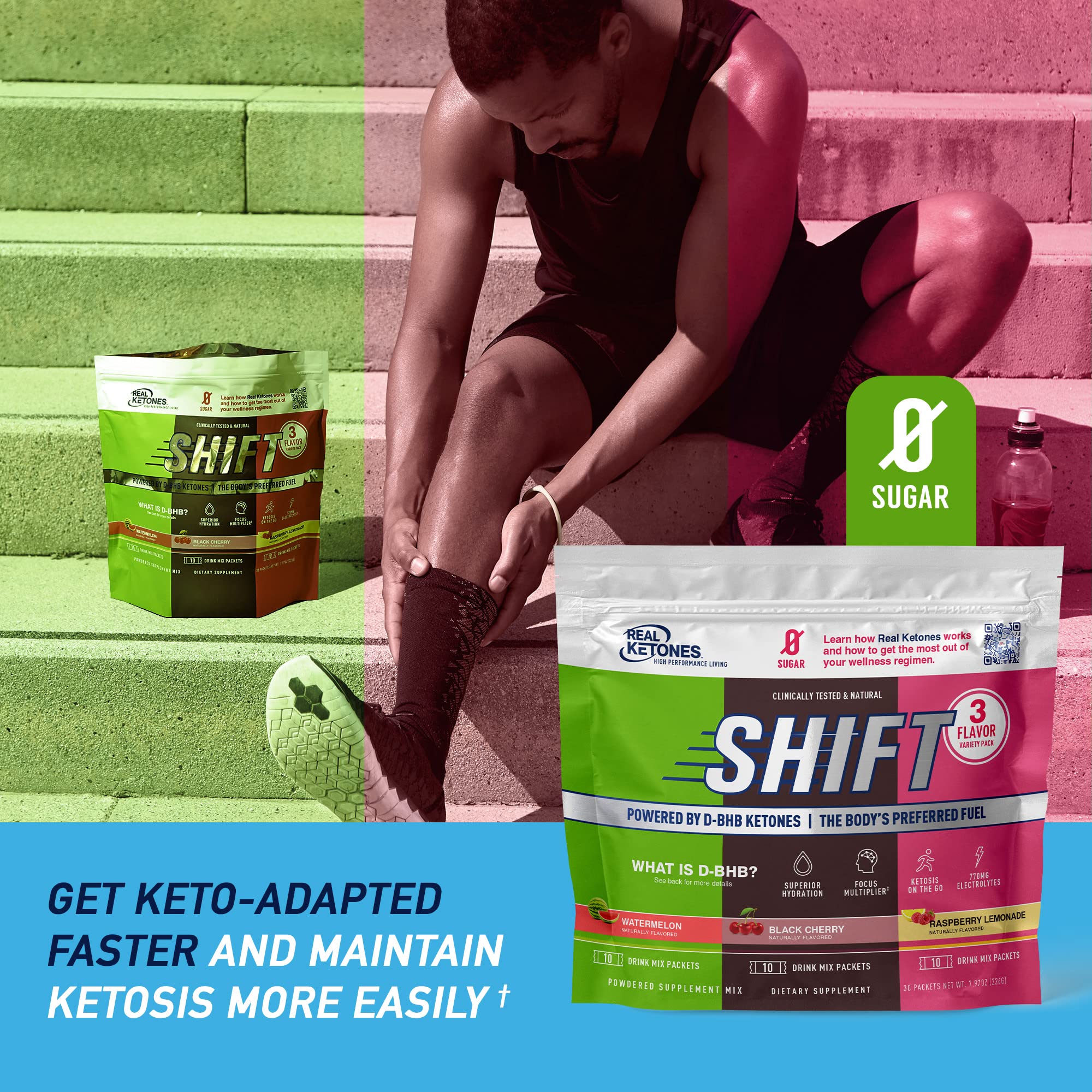 REAL KETONES - SHIFT - D-BHB EXOGENOUS KETONE DRINK MIX POWDER + ELECTROLYTES - 30 PACKETS