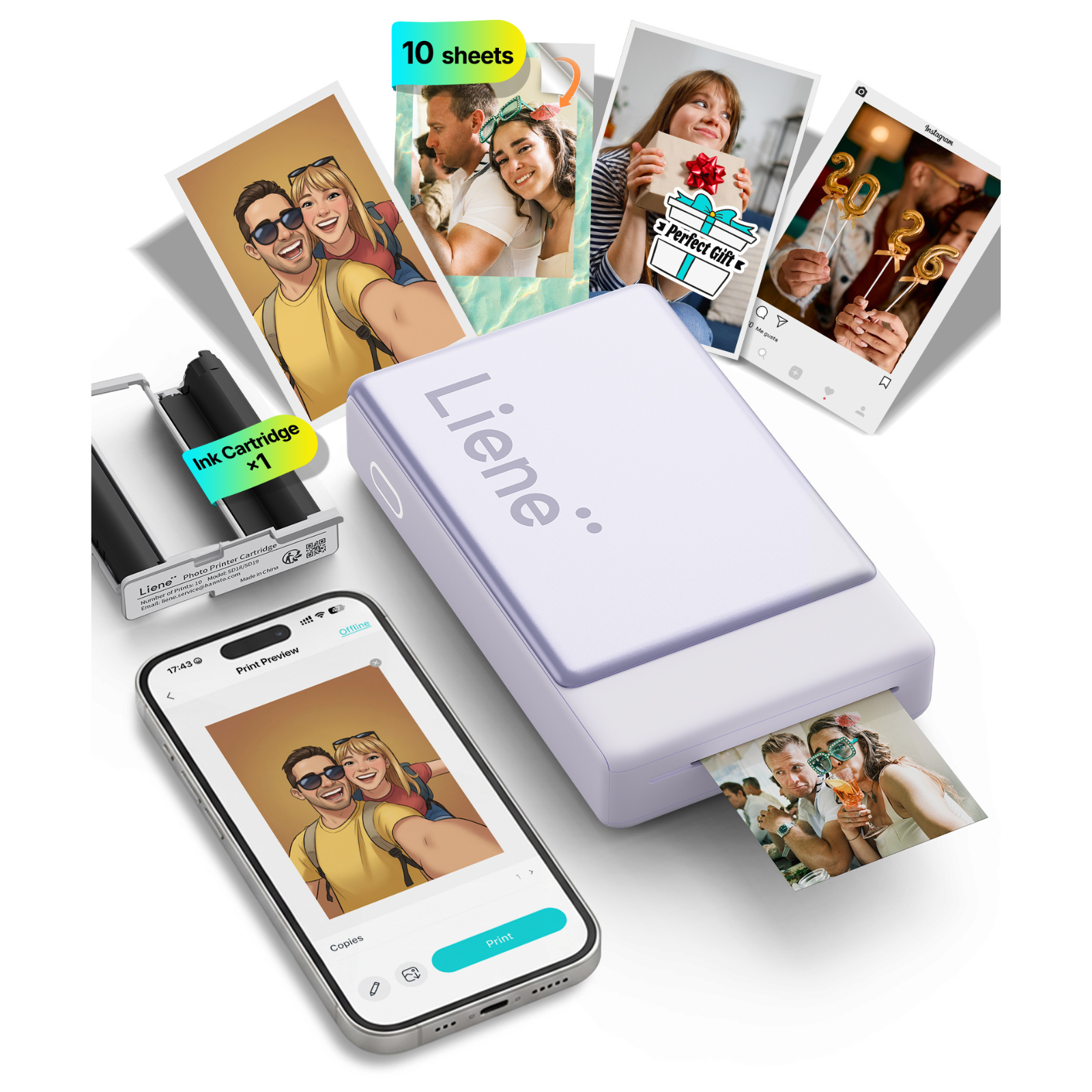 LIENE - Pearl N200 Pro - 2x3 Inch ZINK Bluetooth Photo Printer - Purple - Incl. 10 Sheets Photo Paper