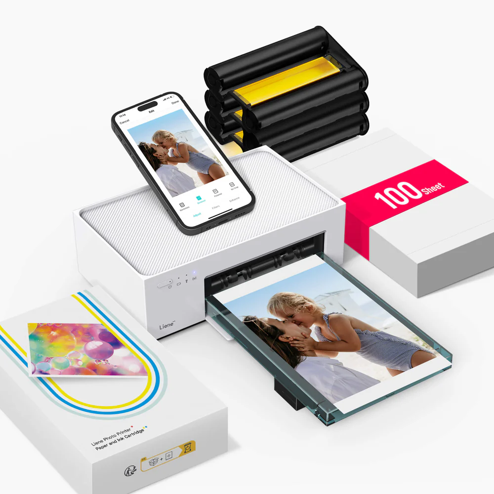 LIENE - Amber M100 - 4x6 Inch Bluetooth Photo Printer - Incl. 100 Sheets & 3 Ink Cartridges - Without Battery