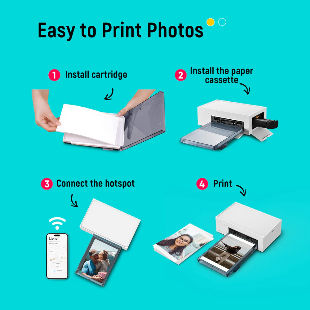 LIENE - Amber M100 - 4x6 Inch Bluetooth Photo Printer - Incl. 100 Sheets & 3 Ink Cartridges - Without Battery