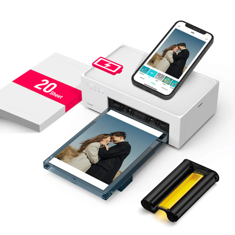 LIENE - Amber M200 - 4x6 Inch Bluetooth Photo Printer - Incl. 20 Sheets & 1 Ink Cartridge - With Battery