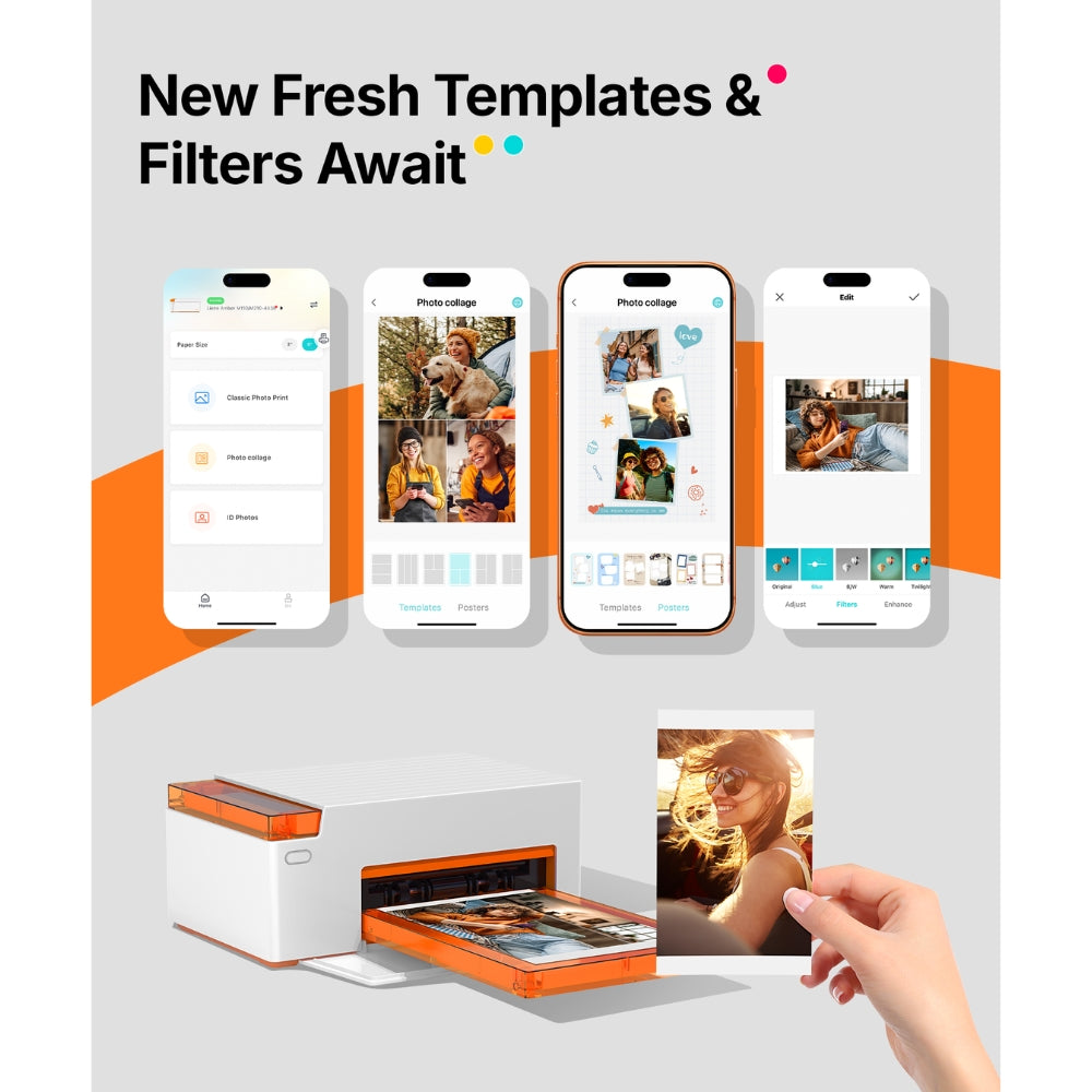 LIENE - Amber M110 - 4x6 Inch Bluetooth Photo Printer - Incl. 60 x 4x6 Inch Sheets, 20 x 3x3 Inch Sheets & 2 Ink Cartridges - Without Battery