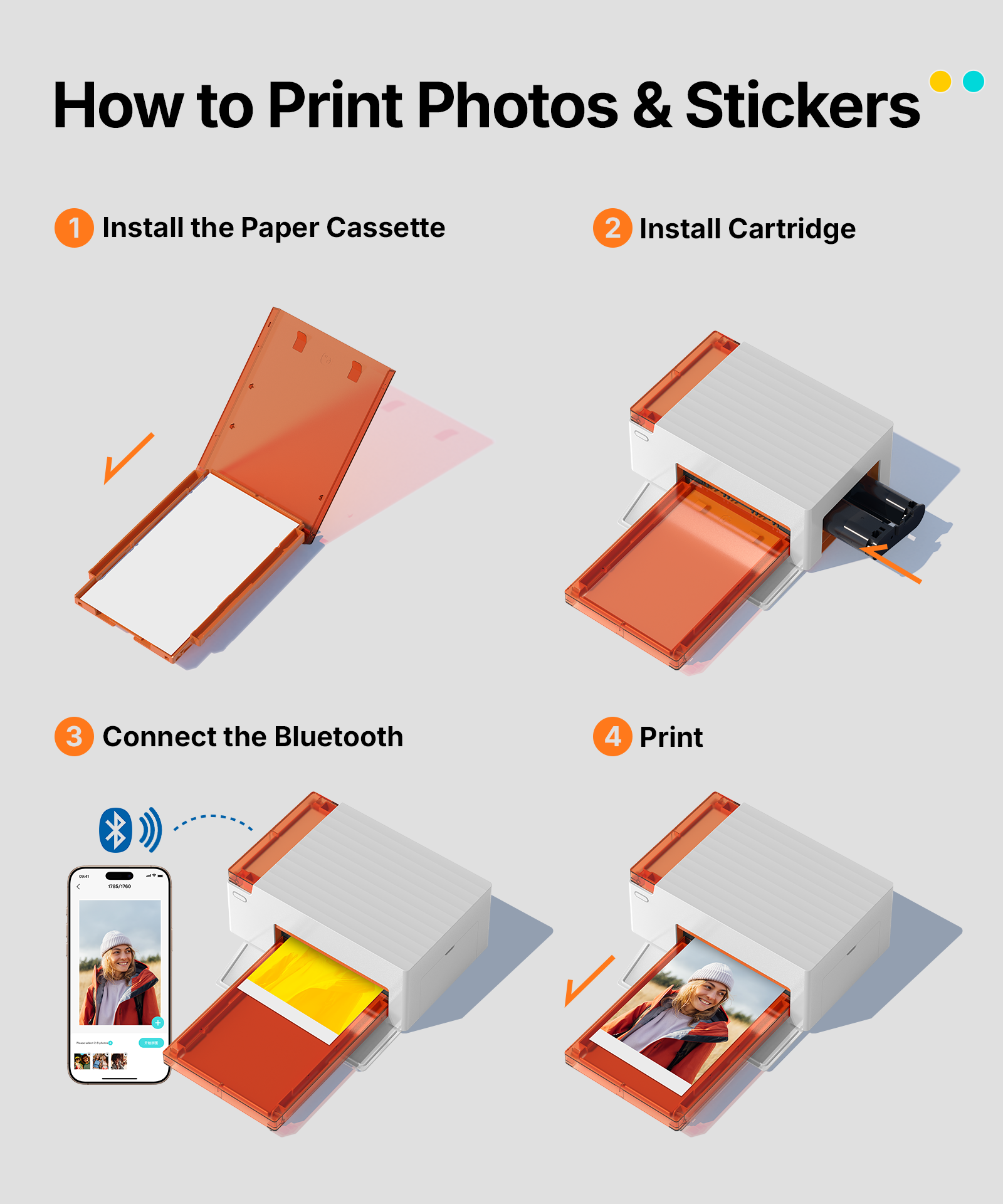 LIENE - Amber M110 - 4x6 Inch Bluetooth Photo Printer - Incl. 60 x 4x6 Inch Sheets, 20 x 3x3 Inch Sheets & 2 Ink Cartridges - Without Battery