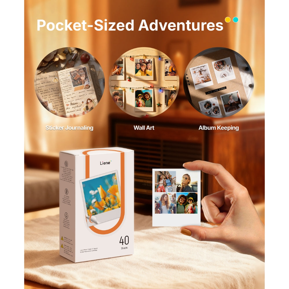 LIENE - Amber - 3x3 Inch Sticky Photo Paper & Ink Cartridge Refill Pack - 40 Sheets & 1 Ink Cartridge
