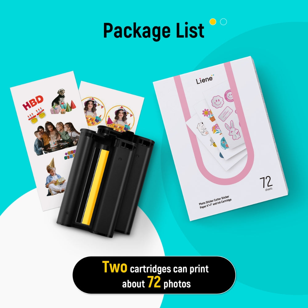 LIENE - PixCut S1 - 4x7 Inch Sticker Paper & Ink Cartridge Refill Pack - 72 Sheets
