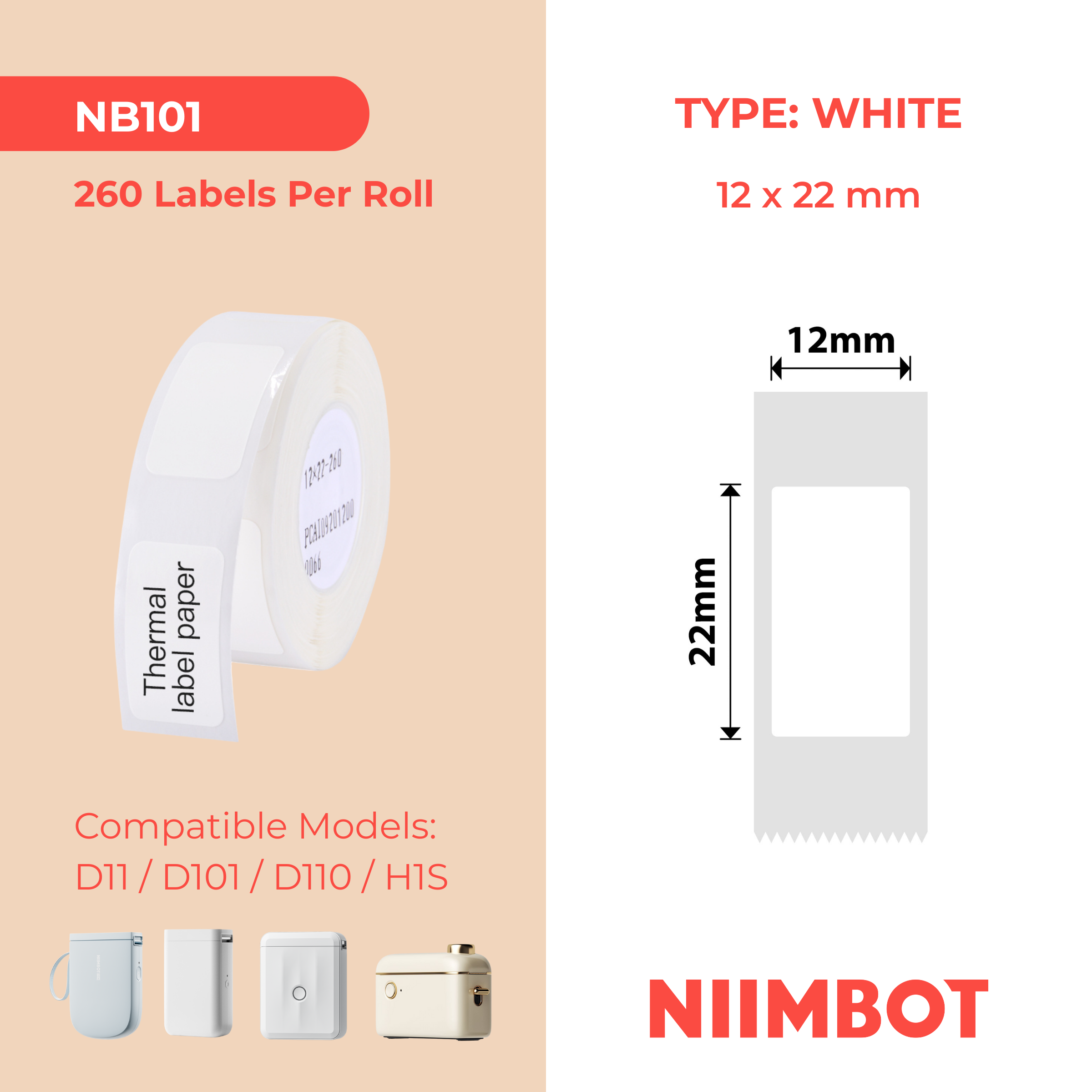 NB101 - Niimbot - D11 / D101 / D110 / H1S - 12x22mm - 250 White Labels