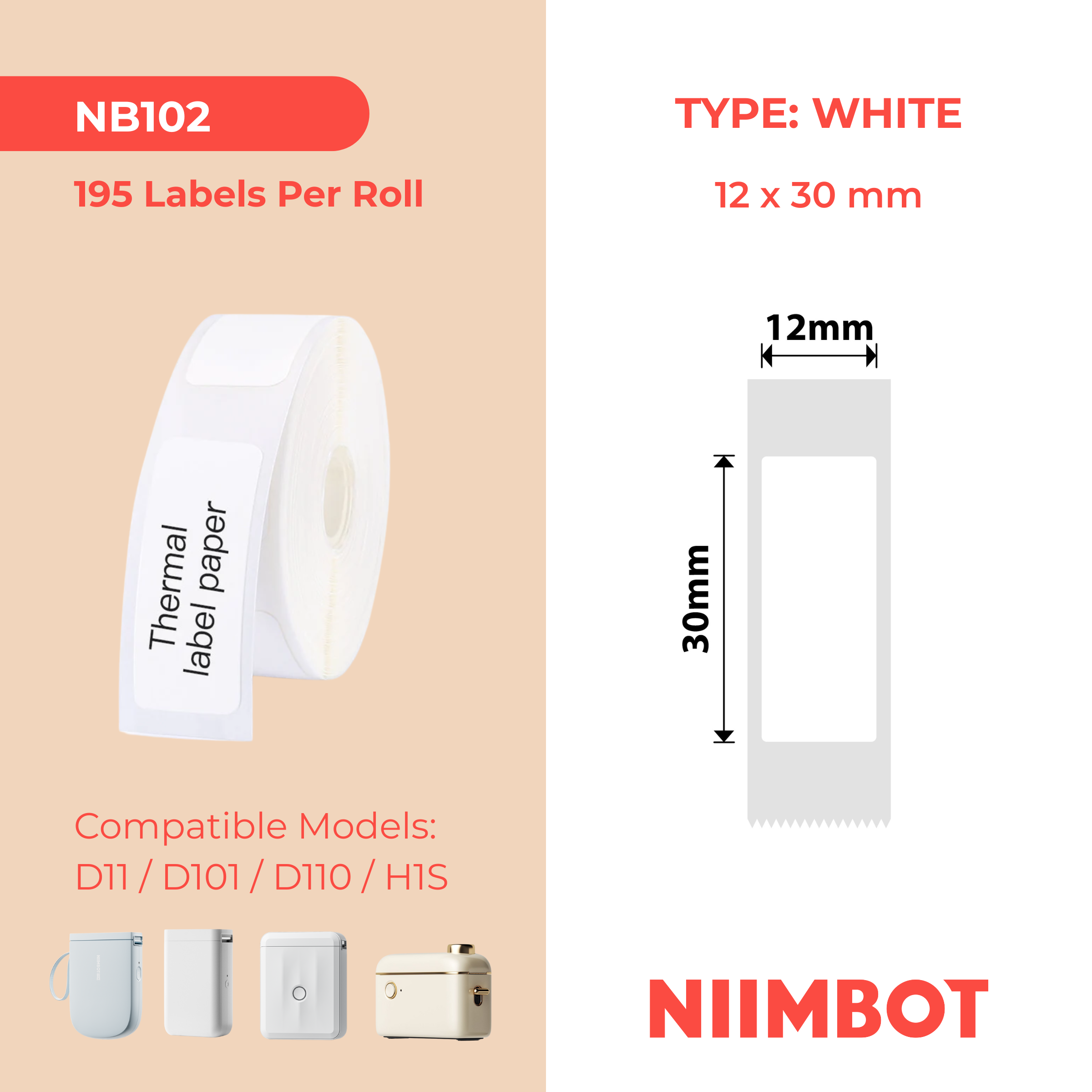 NB102 - Niimbot - D11 / D101 / D110 / H1S - 12x30mm - 195 White Labels