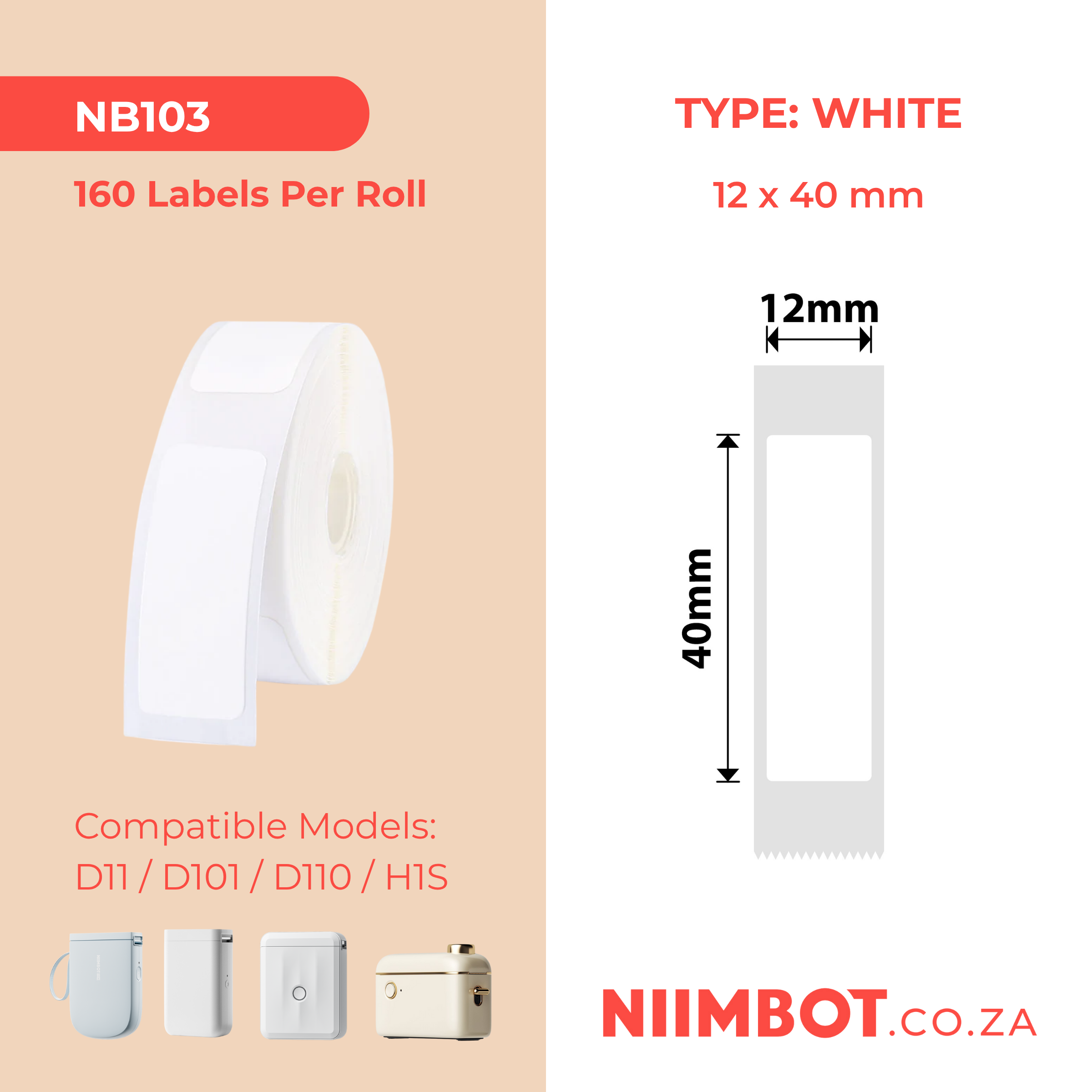 NB103 - NIIMBOT - D11 / D101 / D110 / H1S - T12X40MM - 160 LABELS PER ROLL - WHITE