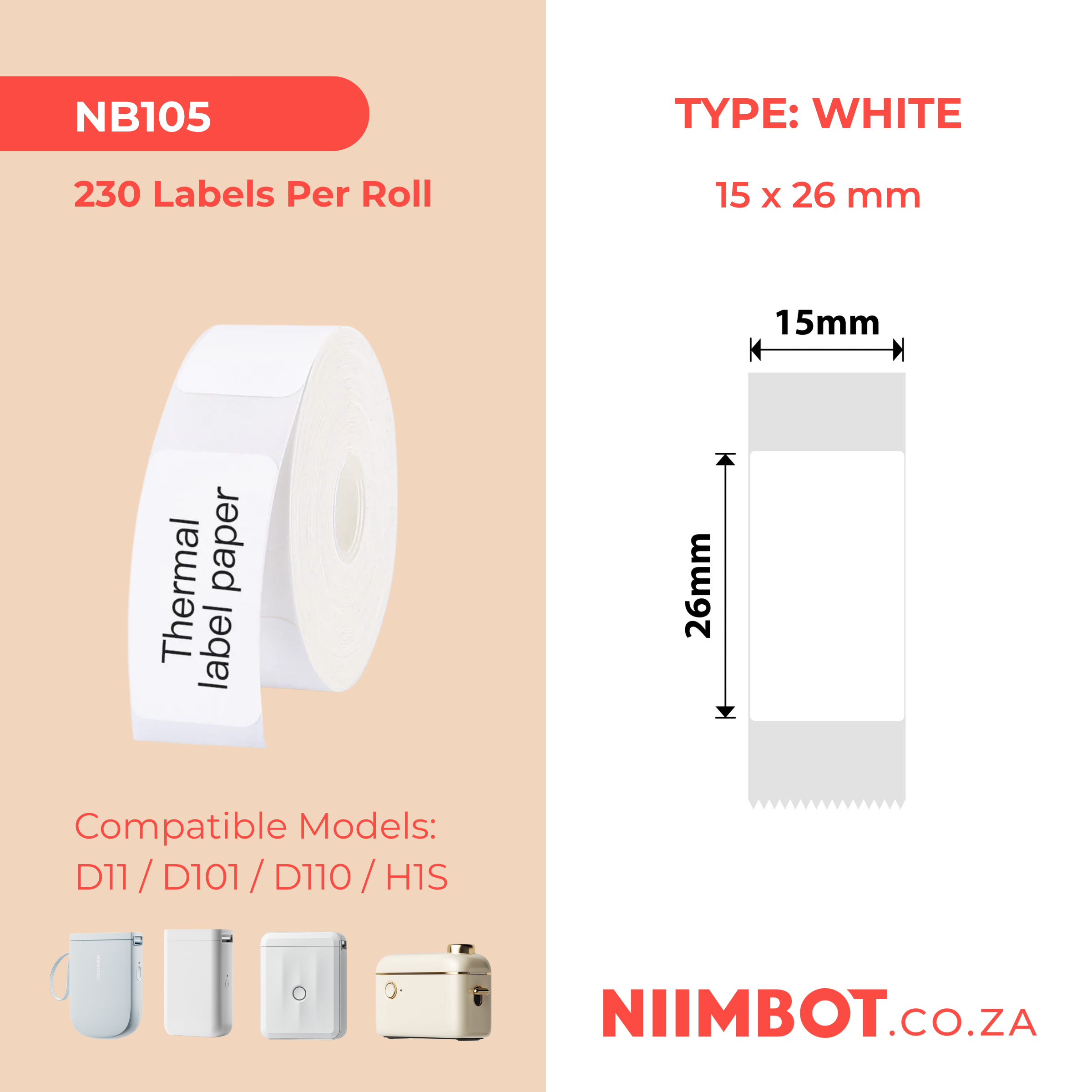 NB105 - NIIMBOT - D11 / D101 / D110 / H1S - 15X26MM - 230 LABELS PER ROLL - WHITE