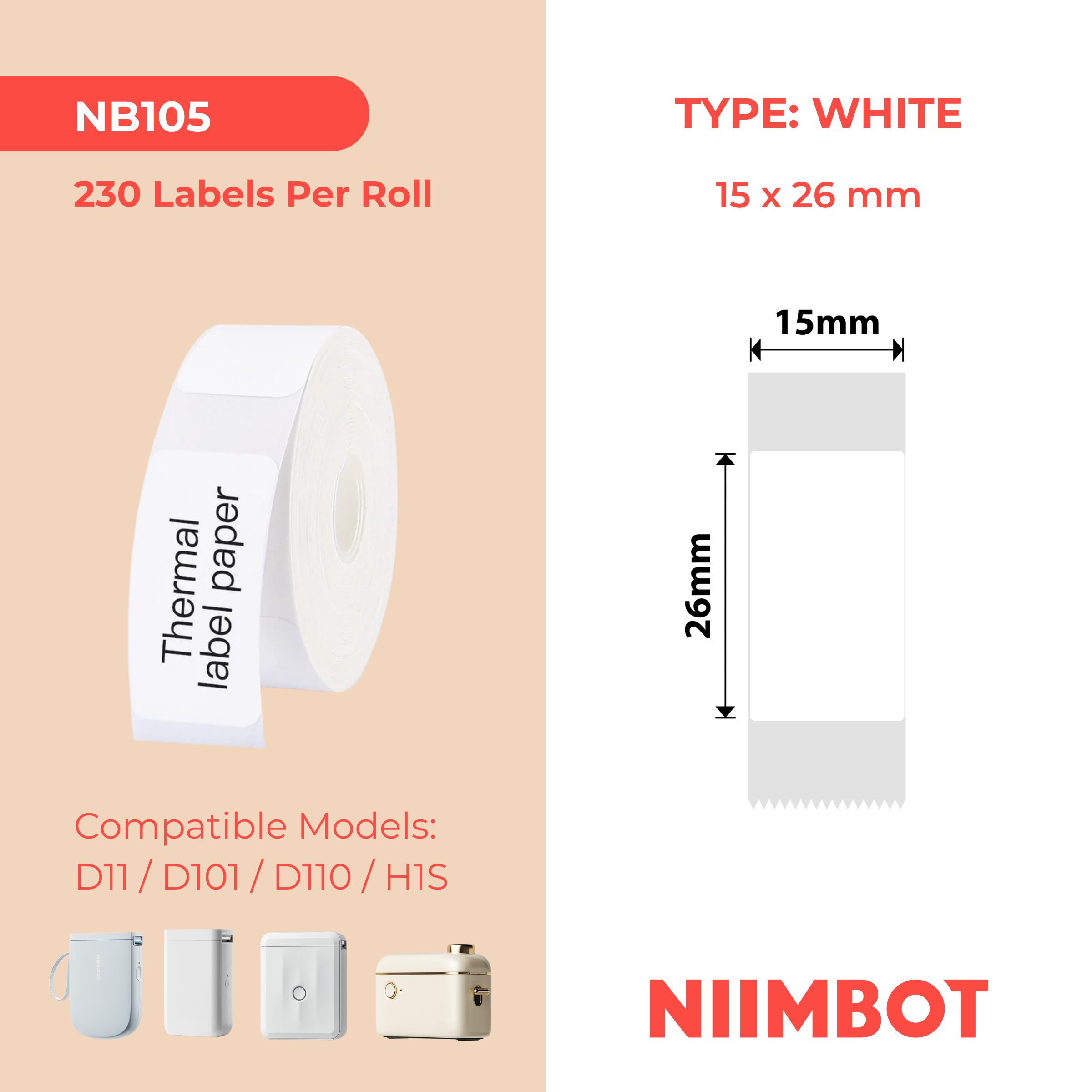 NB105 - Niimbot - D11 / D101 / D110 / H1S - 15x26mm - 220 White Labels