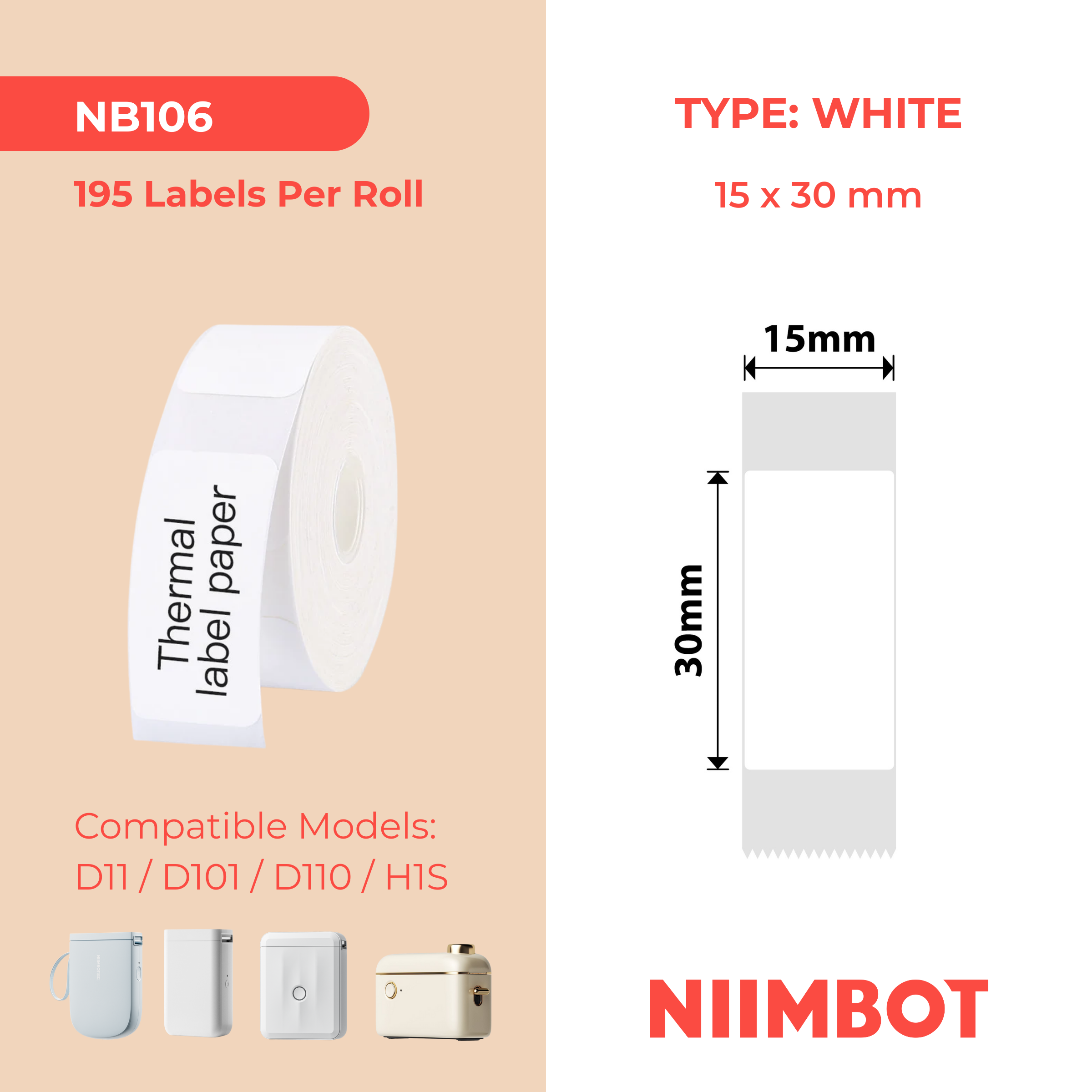 NB106 - Niimbot - D11 / D101 / D110 / H1S - 15x30mm - 195 White Labels