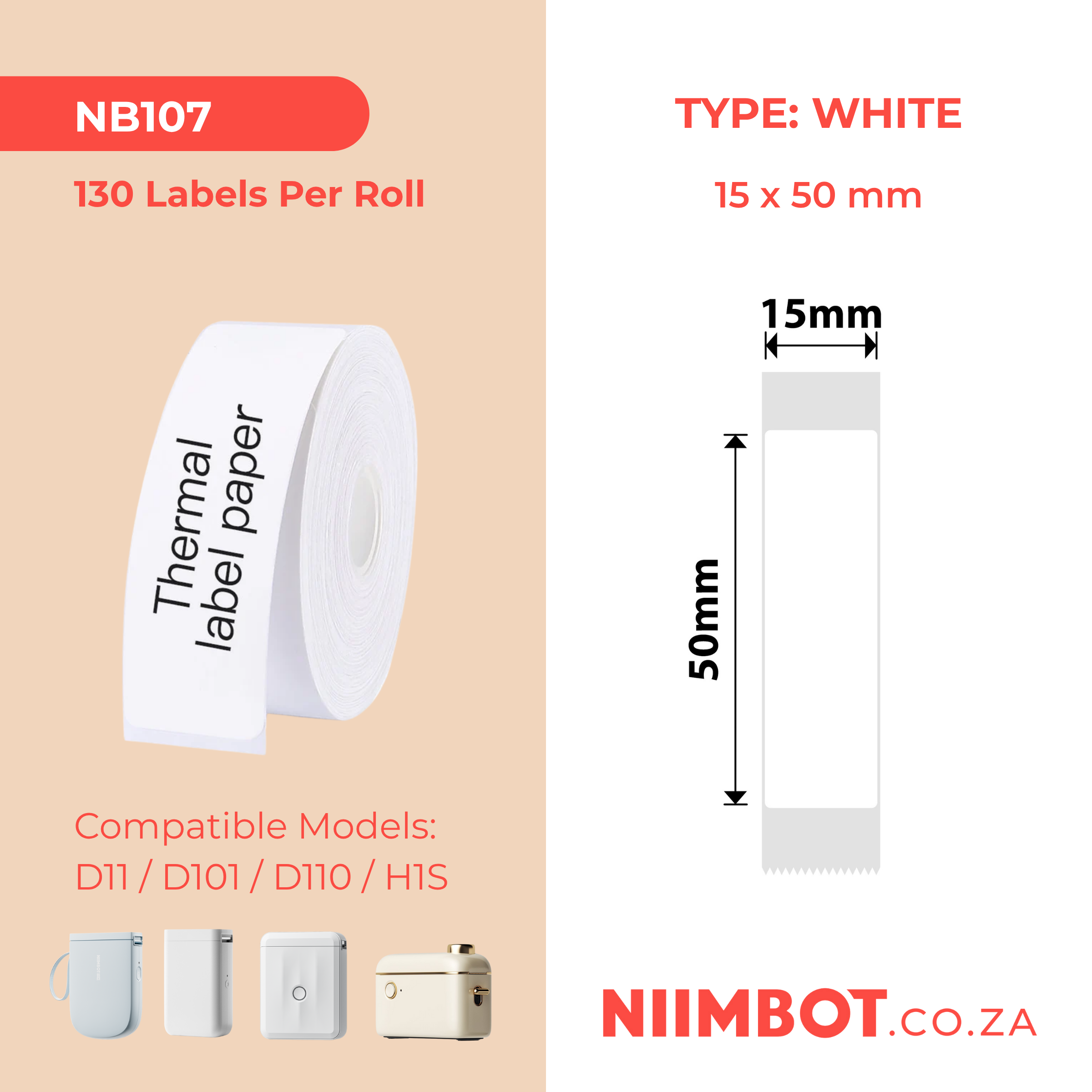 NB107 - NIIMBOT - D11 / D101 / D110 / H1S - 15X50MM - 130 LABELS PER ROLL - WHITE