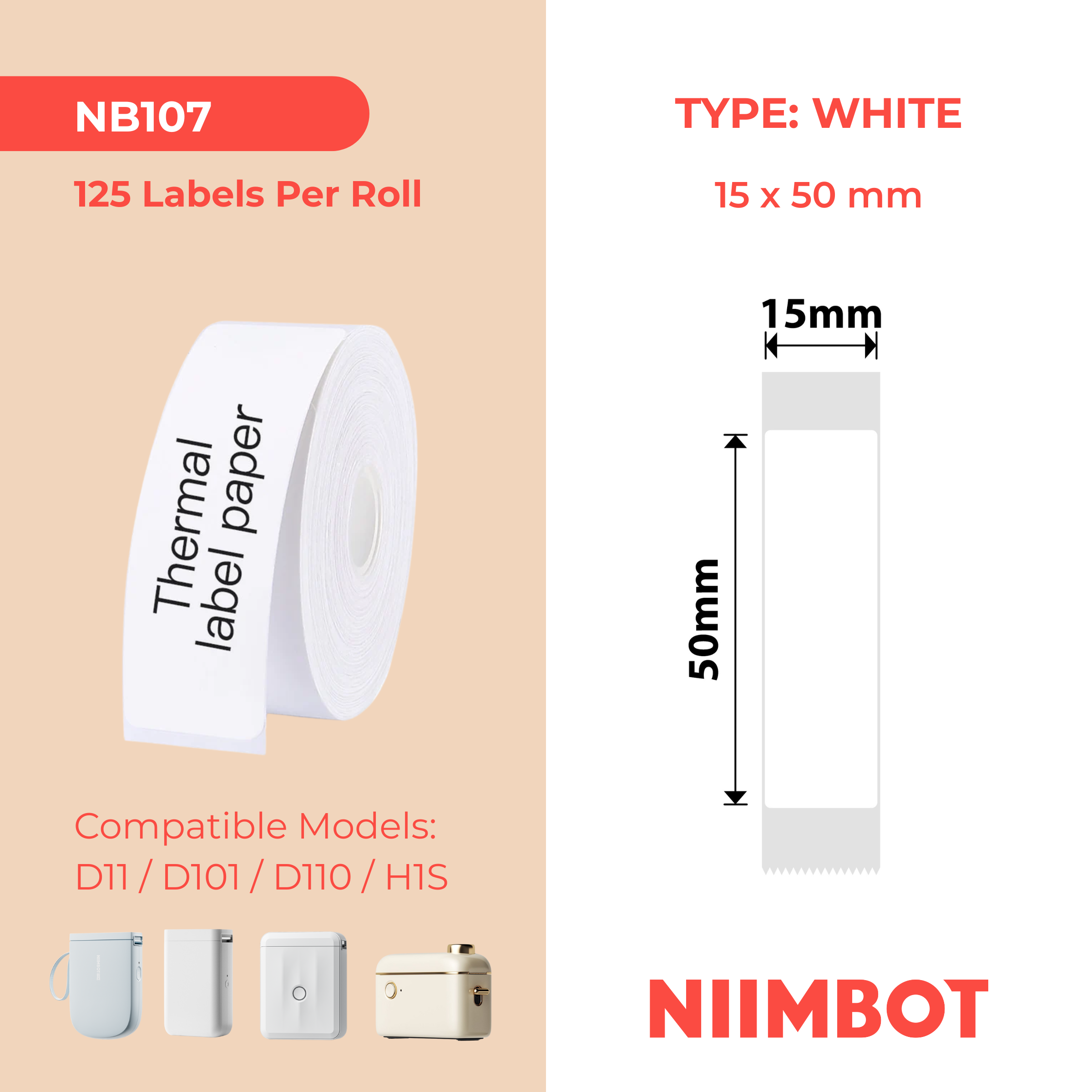NB107 - Niimbot - D11 / D101 / D110 / H1S - 15x50mm - 125 White Labels