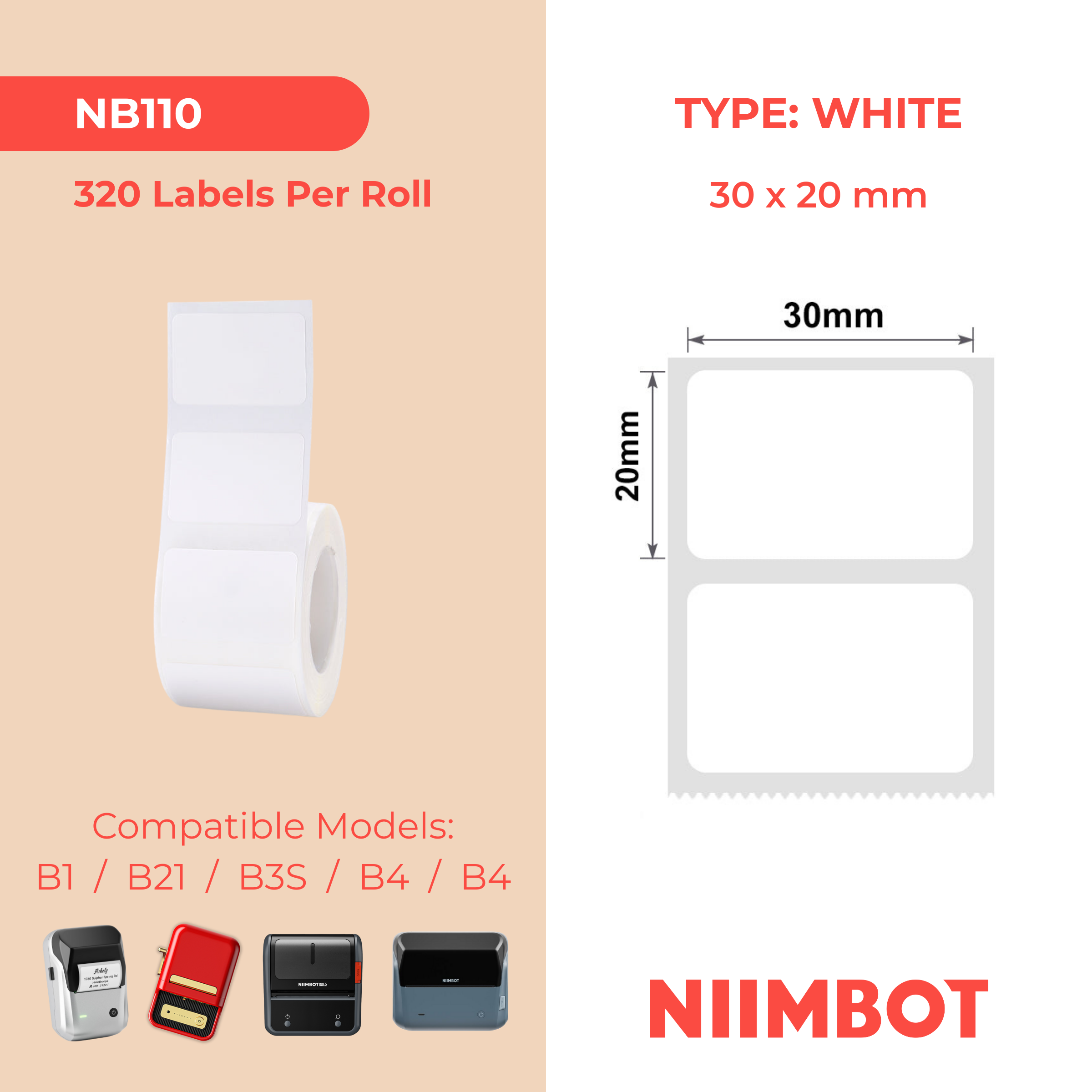 NB110 - Niimbot - B1 / B21 / B31 / B3S / B4 - 30x20mm - 320 White Labels