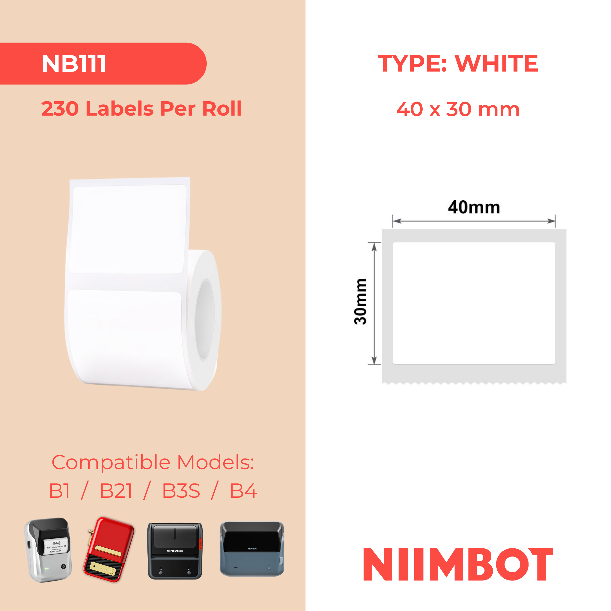 NB111 - Niimbot - B1 / B21 / B31 / B3S / B4 - 40x30mm - 230 White Labels