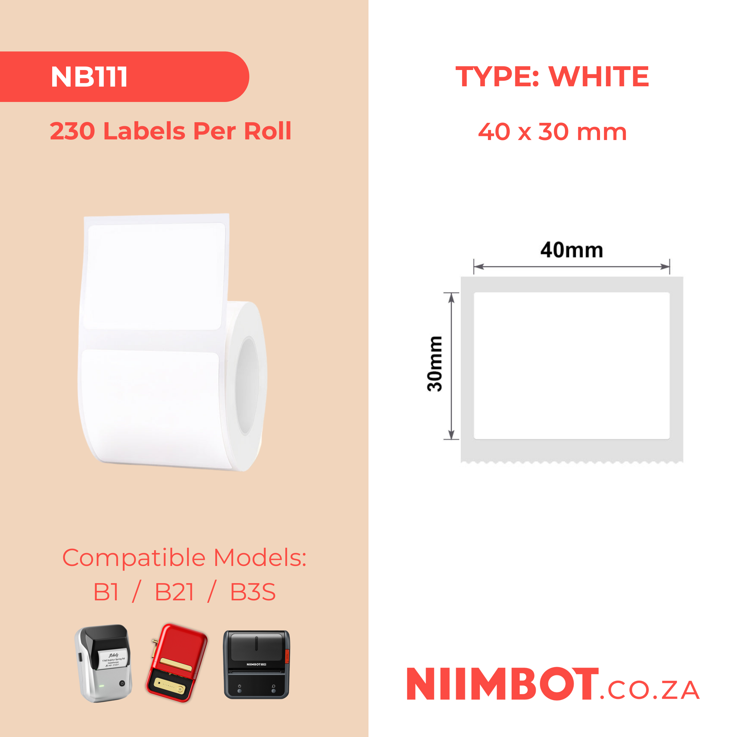 NB111 - NIIMBOT - B1 / B21 / B3S / B4 - T40X30MM - 230 LABELS PER ROLL - WHITE