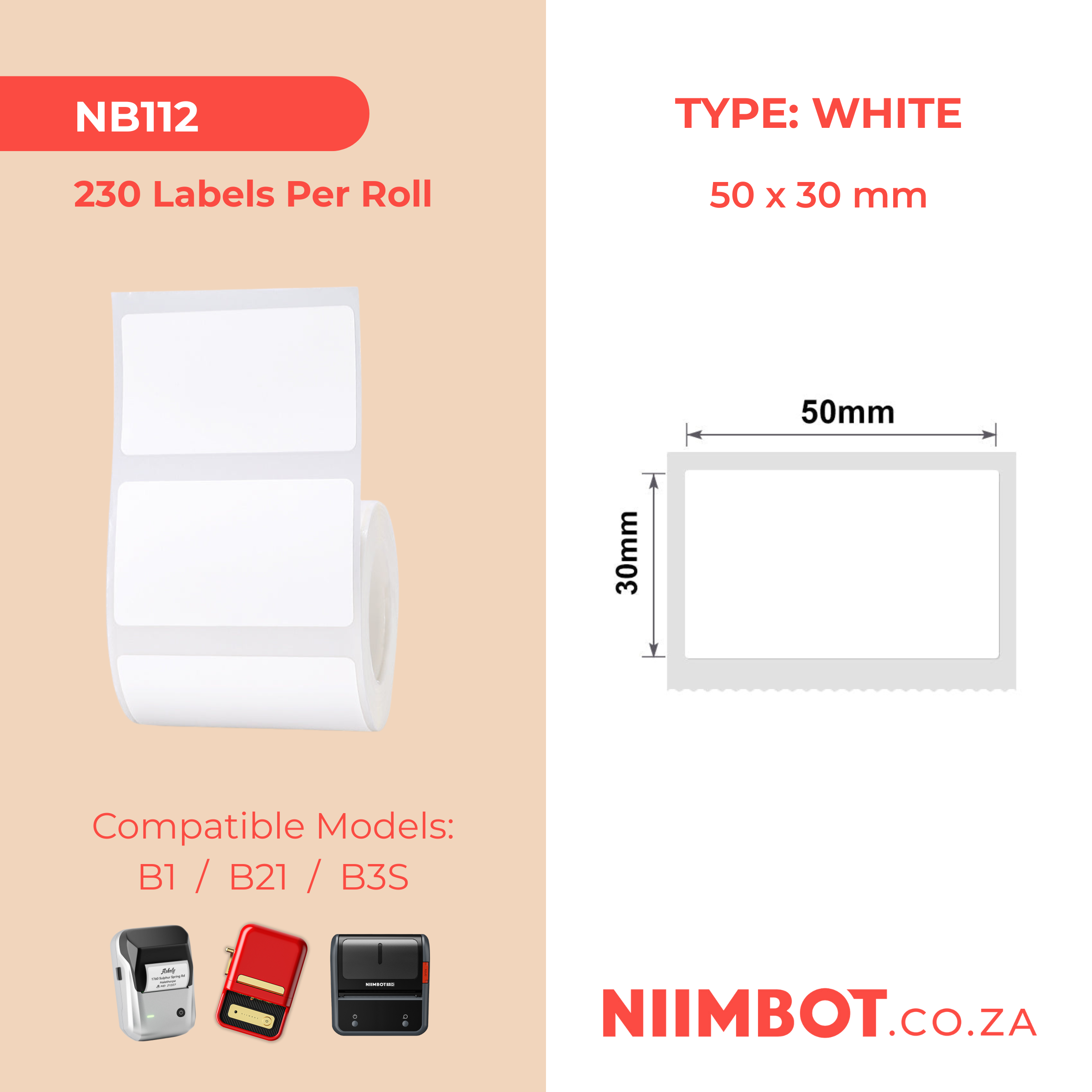 NB112 - NIIMBOT - B1 / B21 / B3S / B4 - T50X30MM - 230 LABELS PER ROLL - WHITE