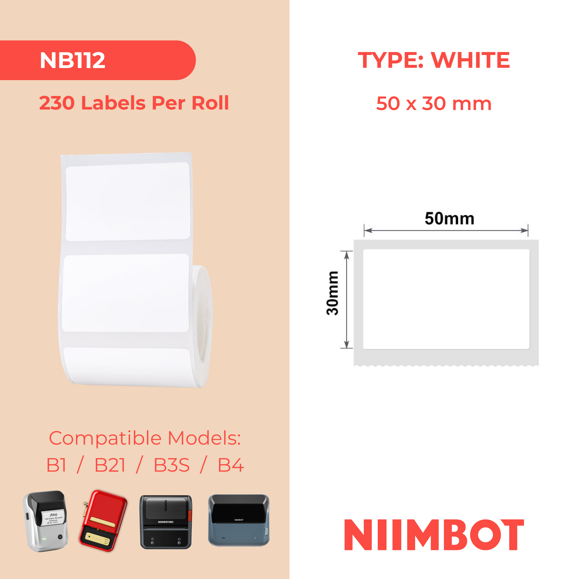 NB112 - Niimbot - B1 / B21 / B3S / B4 - 50x30mm - 230 White Labels