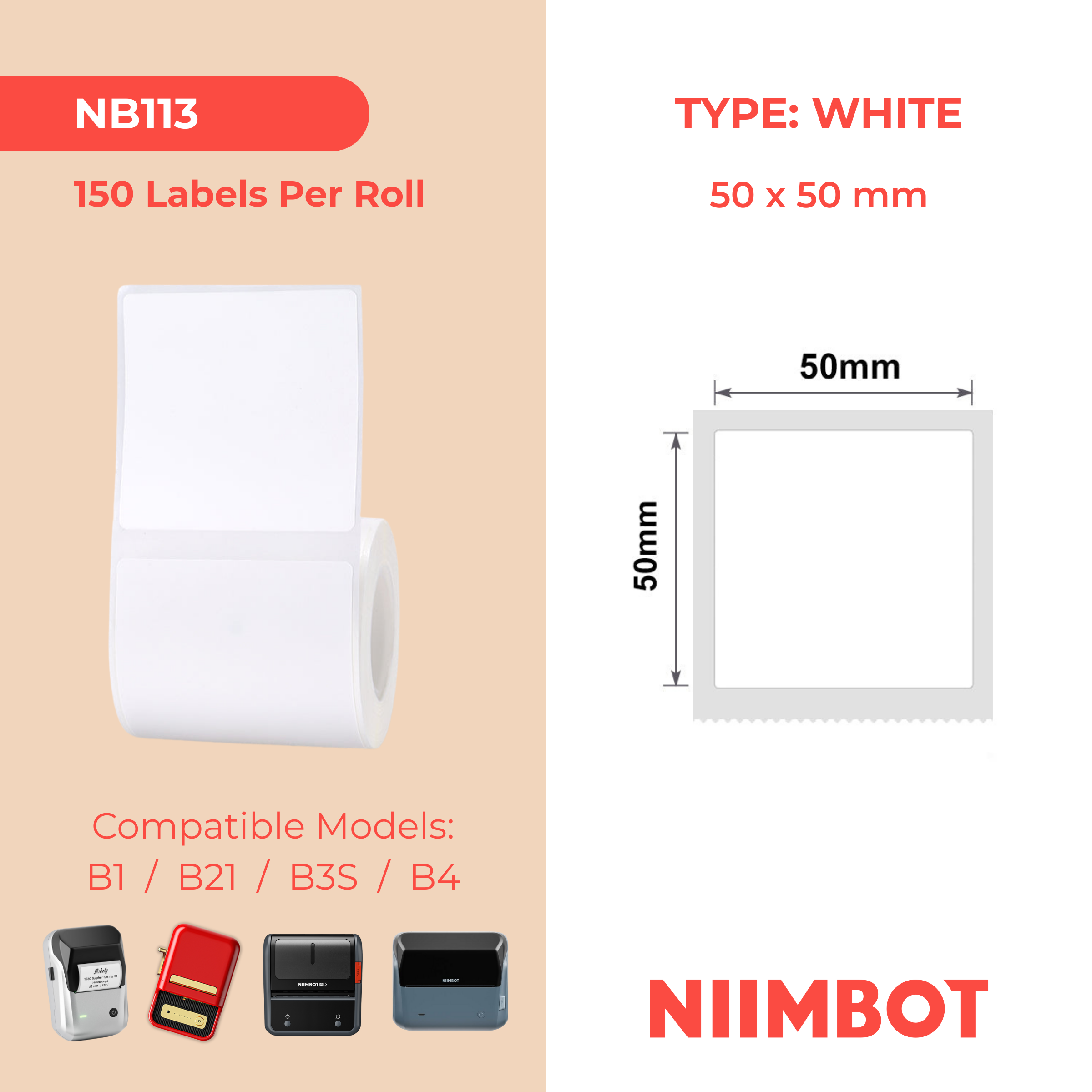 NB113 - Niimbot - B1 / B21 / B3S / B4 - 50x50mm - 150 White Labels