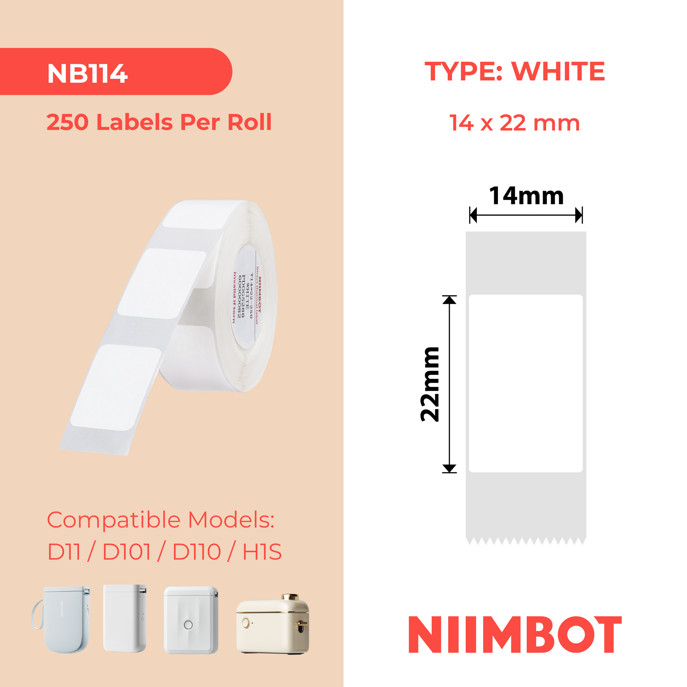 NB114 - Niimbot - D11 / D101 / D110 / H1S - Thermal Labels - 14x22mm - 250 Labels Per Roll