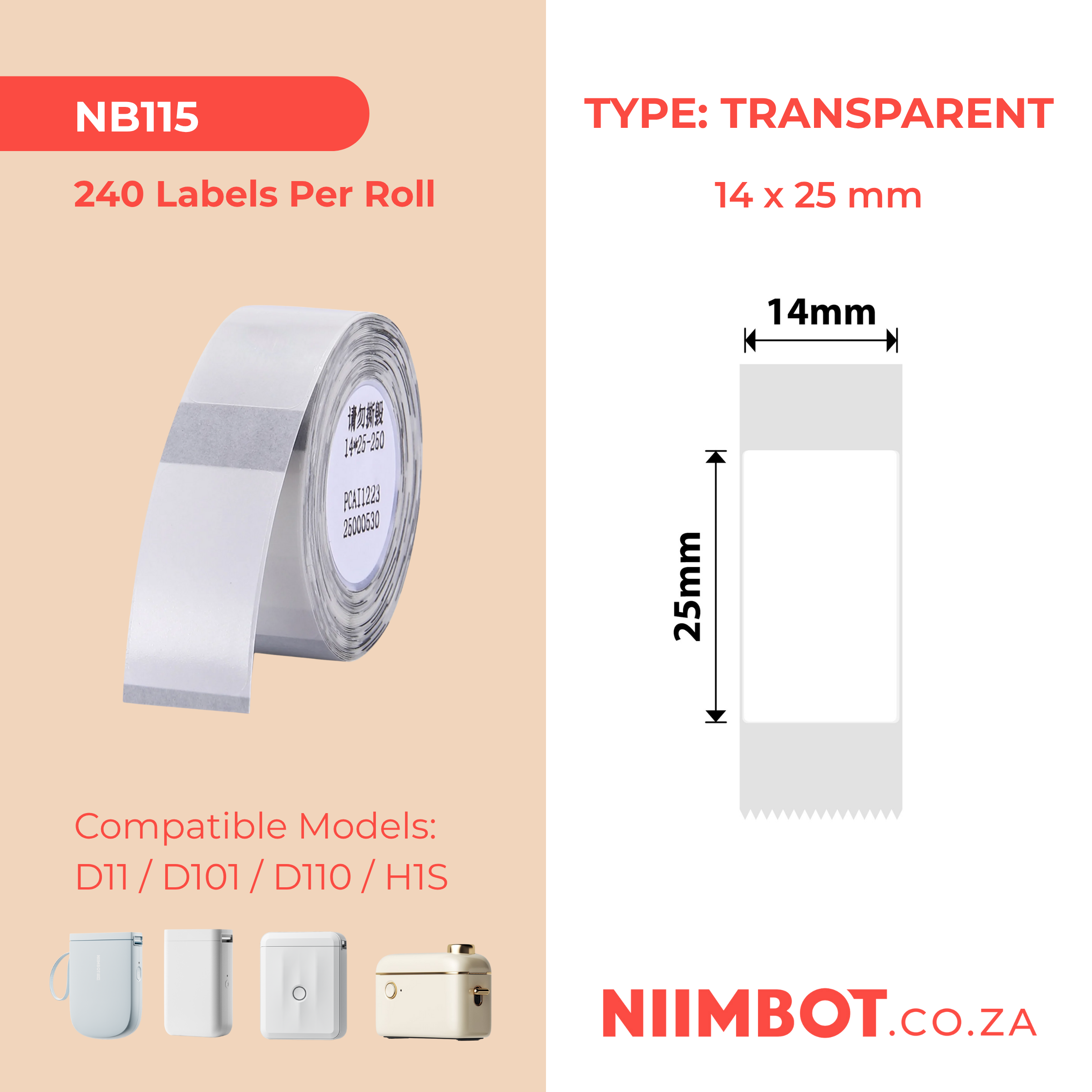 NB115 - NIIMBOT - D11 / D101 / D110 / H1S - 14X25MM - 240 LABELS PER ROLL - TRANSPARENT