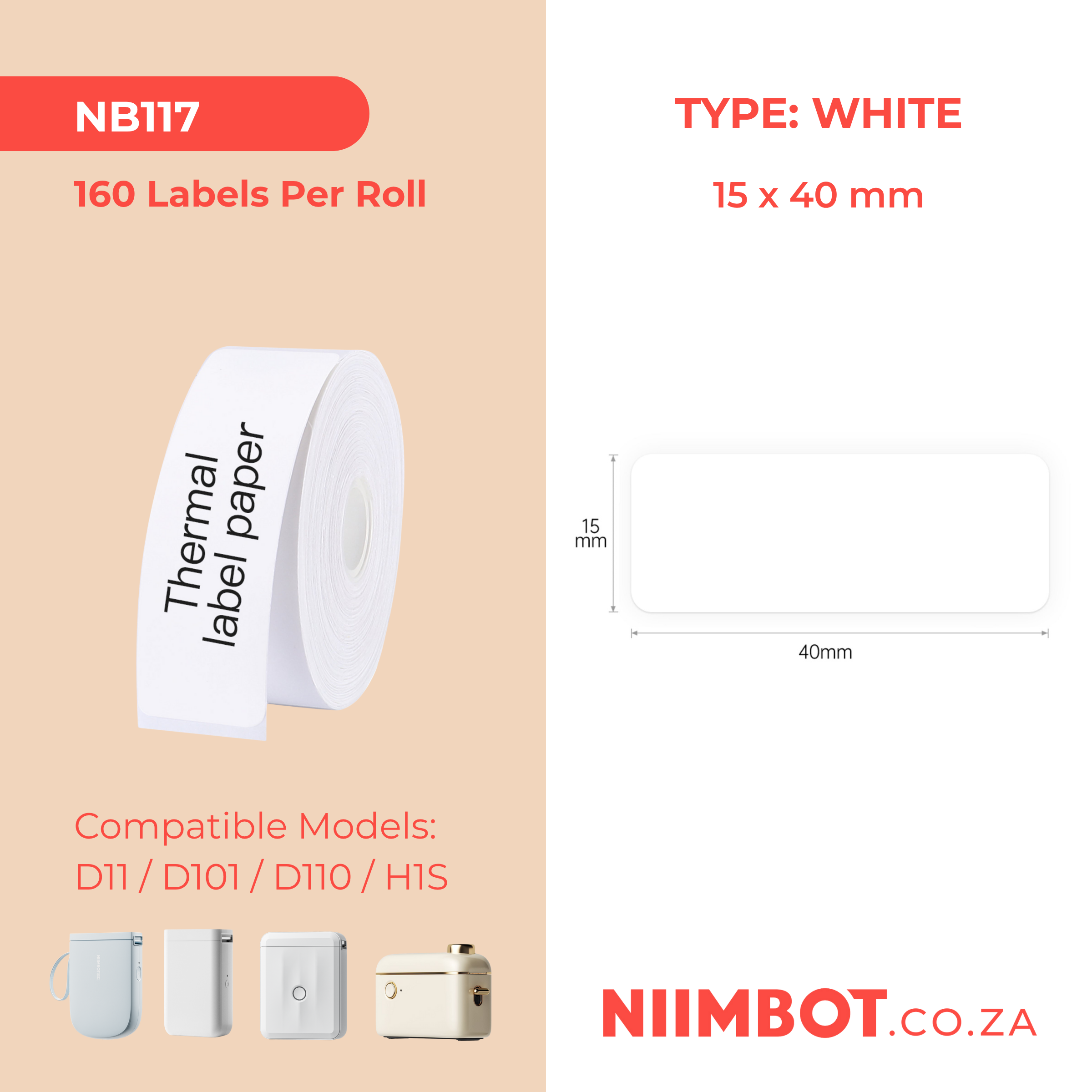 NB117 - NIIMBOT - D11 / D101 / D110 / H1S - 15X40MM - 160 LABELS PER ROLL - WHITE