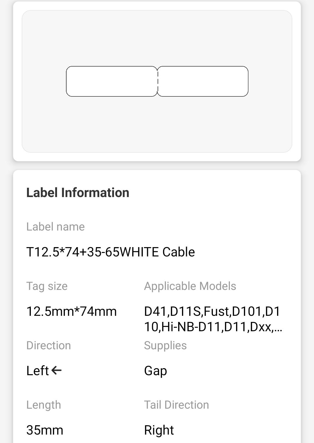 NB118 - NIIMBOT - D11 / D101 / D110 / H1S - RXL 12.5X109MM - 65 LABELS PER ROLL - CABLE - WHITE