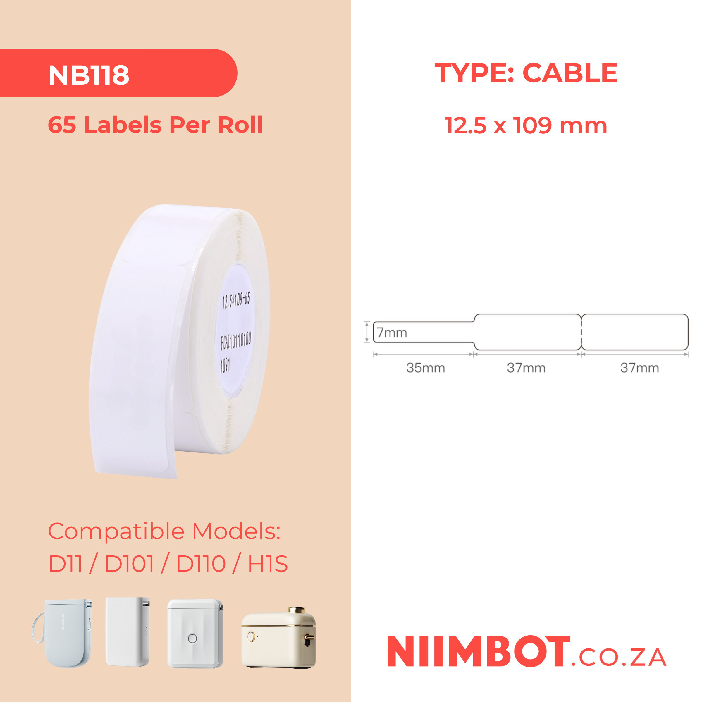 NB118 - NIIMBOT - D11 / D101 / D110 / H1S - RXL 12.5X109MM - 65 LABELS PER ROLL - CABLE - WHITE