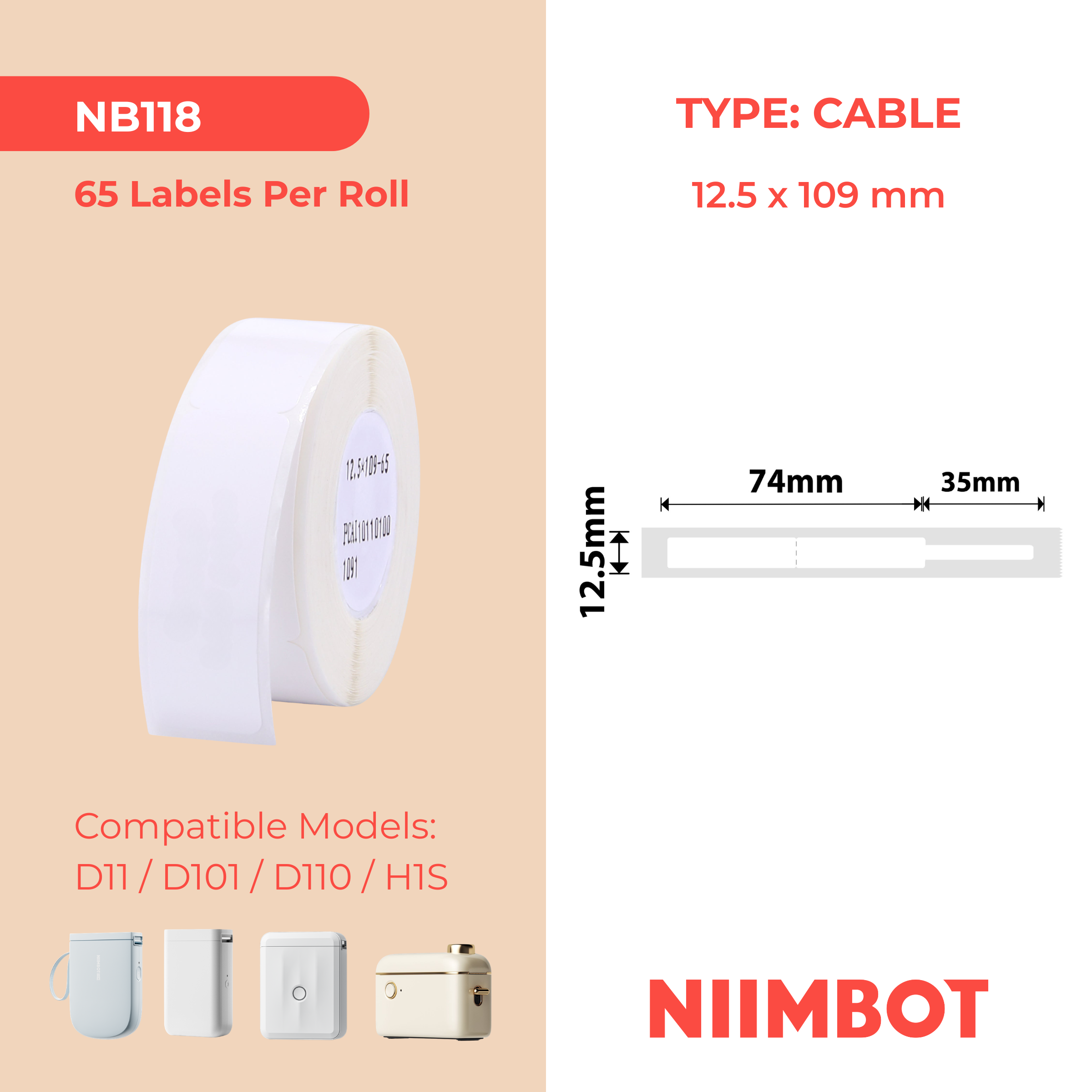 NB118 - Niimbot - D11 / D101 / D110 / H1S - 12.5x109mm - 60 White Cable Labels