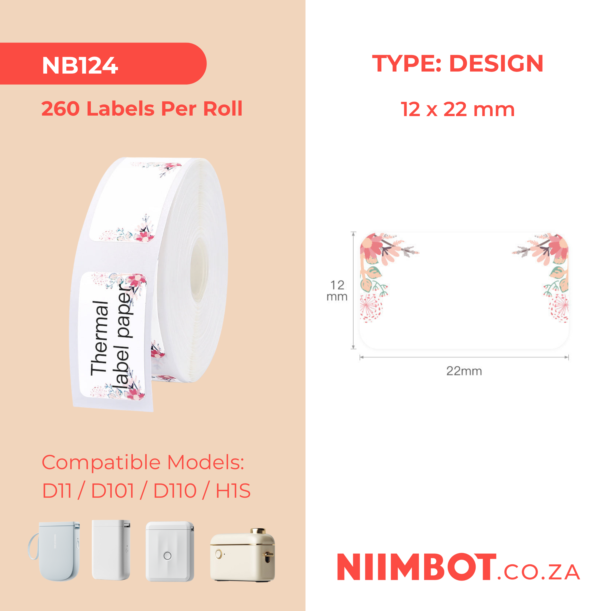 NB124 - NIIMBOT - D11 / D101 / D110 / H1S - 12X22MM - 260 THERMAL LABELS - SPRING RED DESIGN