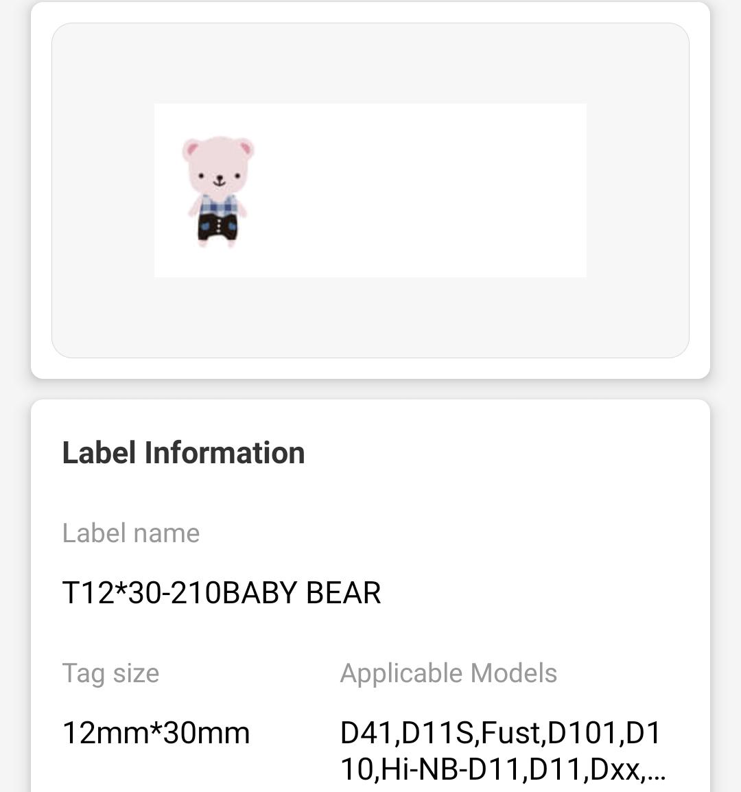 NB127 - NIIMBOT - D11 / D101 / D110 / H1S - 12X30MM - 210 THERMAL LABELS - BABY BEAR DESIGN
