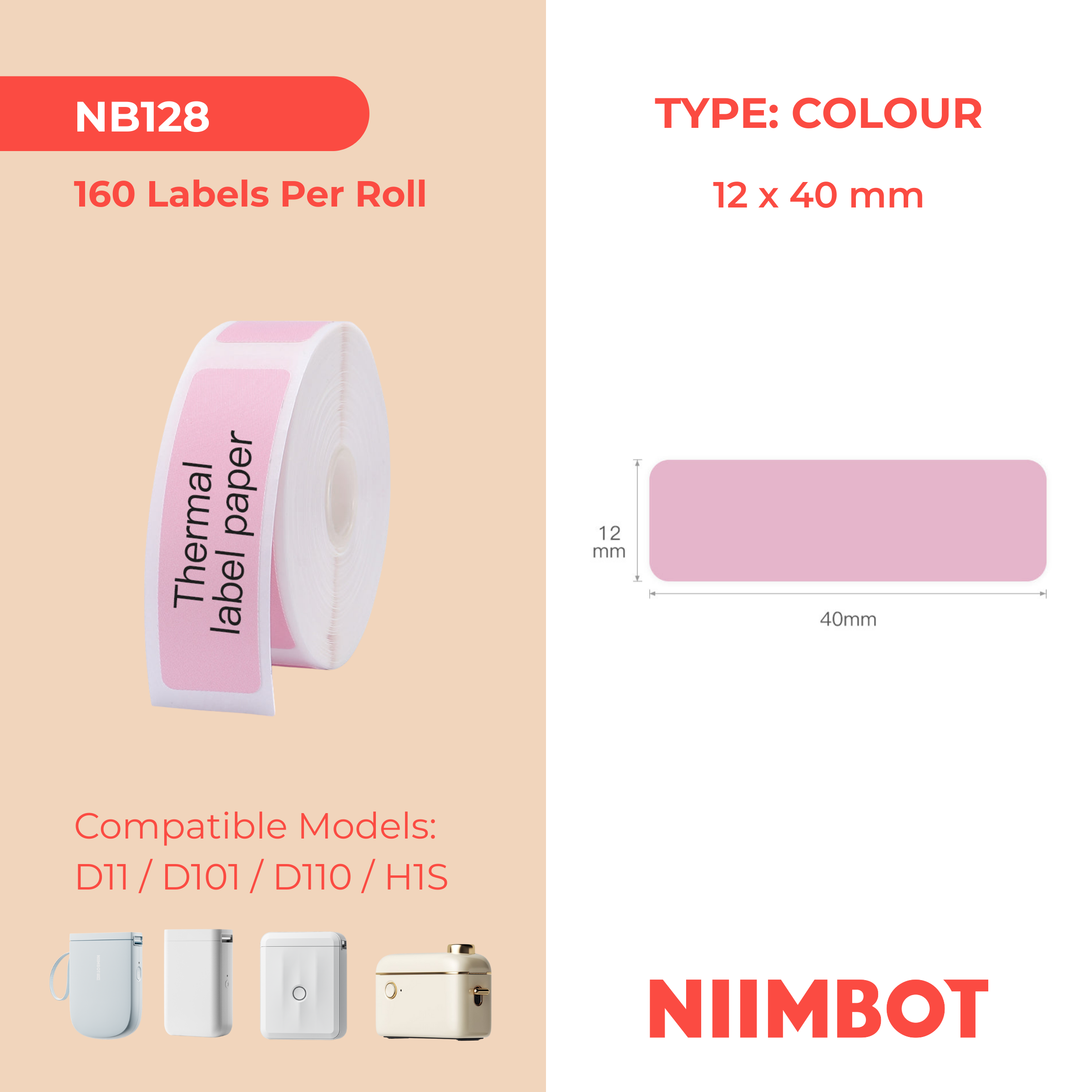 NB128 - Niimbot - D11 / D101 / D110 / H1S - 12x40mm - 155 Pink Labels