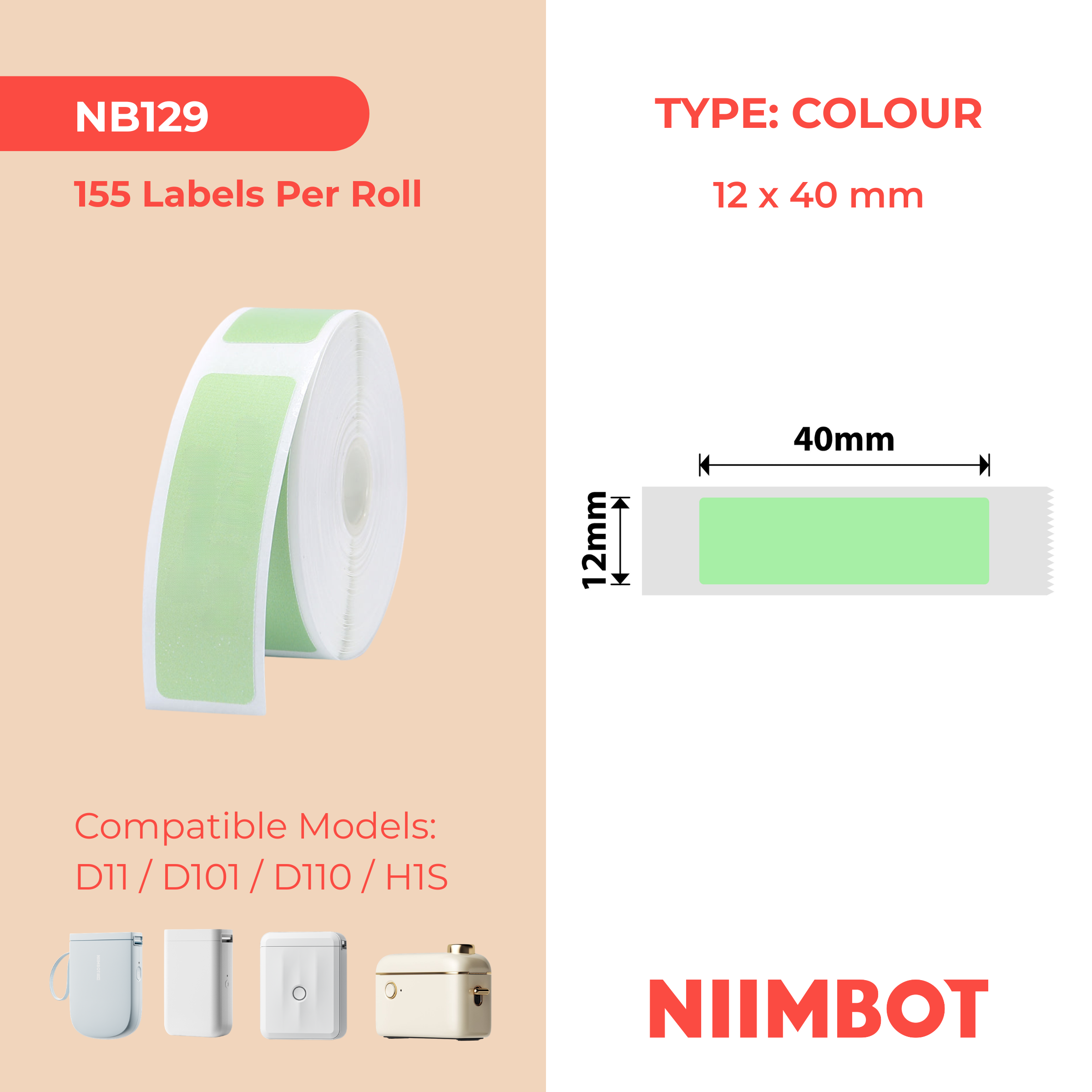 NB129 - Niimbot - D11 / D101 / D110 / H1S - 12x40mm - 155 Green Labels