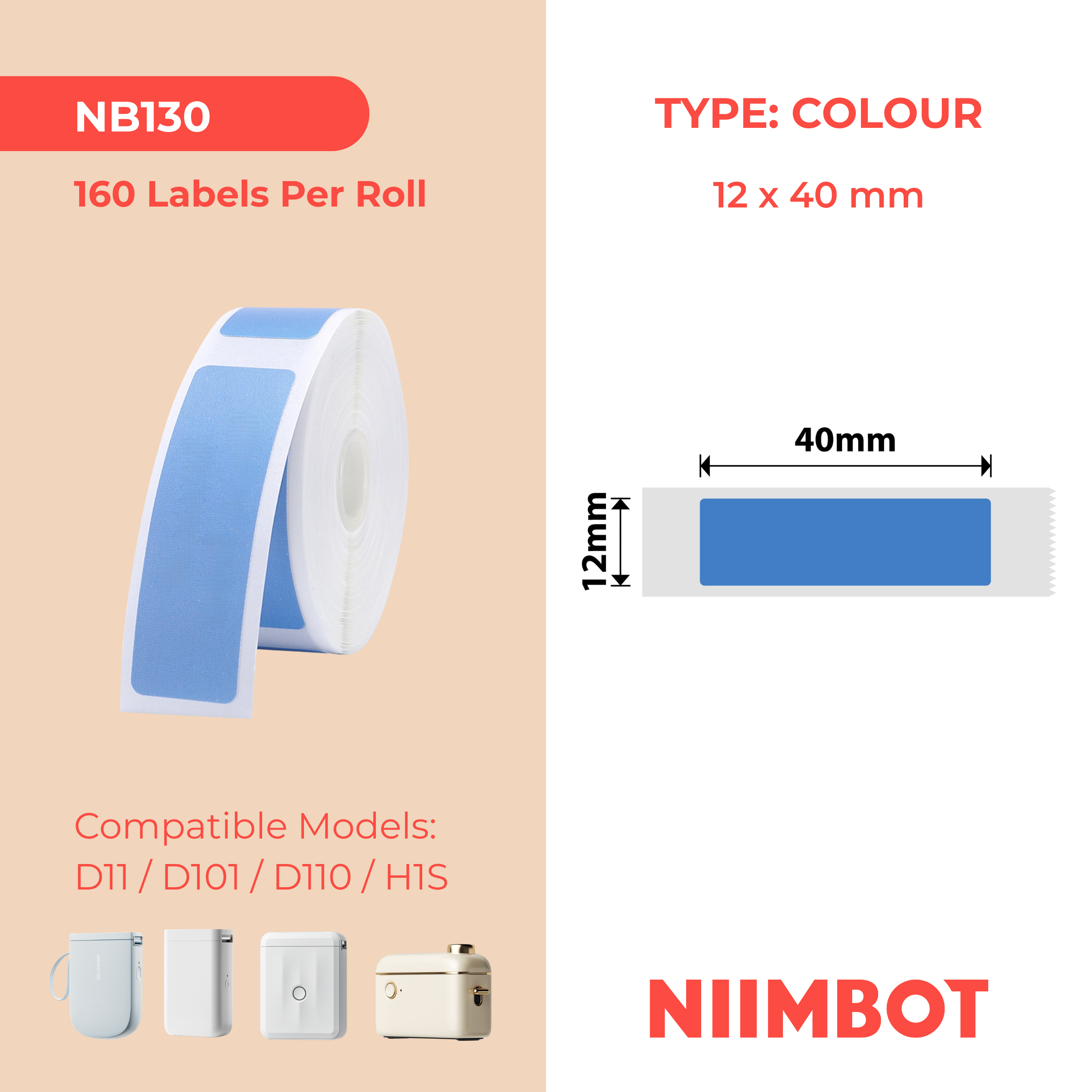 NB130 - Niimbot - D11 / D101 / D110 / H1S - 12x40mm - 155 Blue Labels