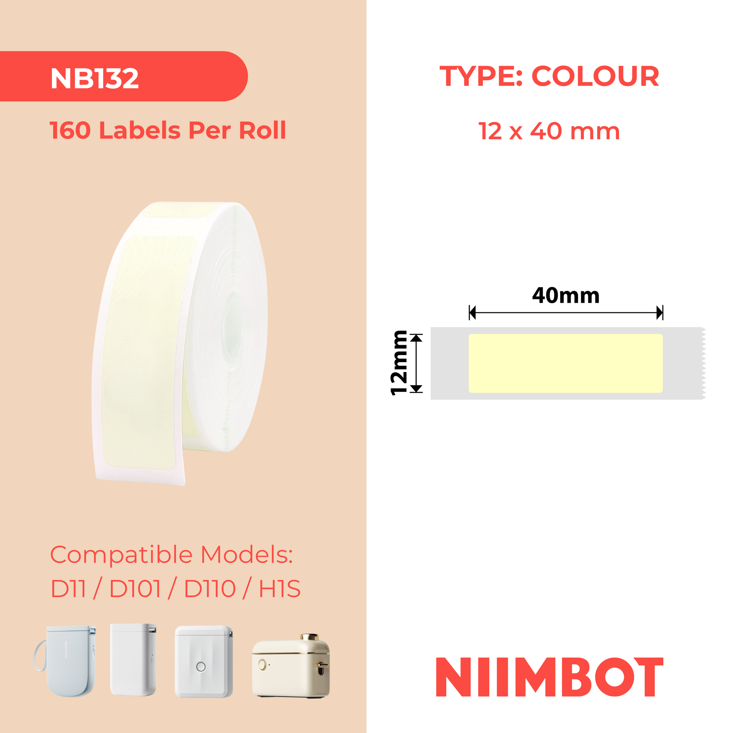 NB132 - Niimbot - D11 / D101 / D110 / H1S - 12x40mm - 155 Light Yellow Labels
